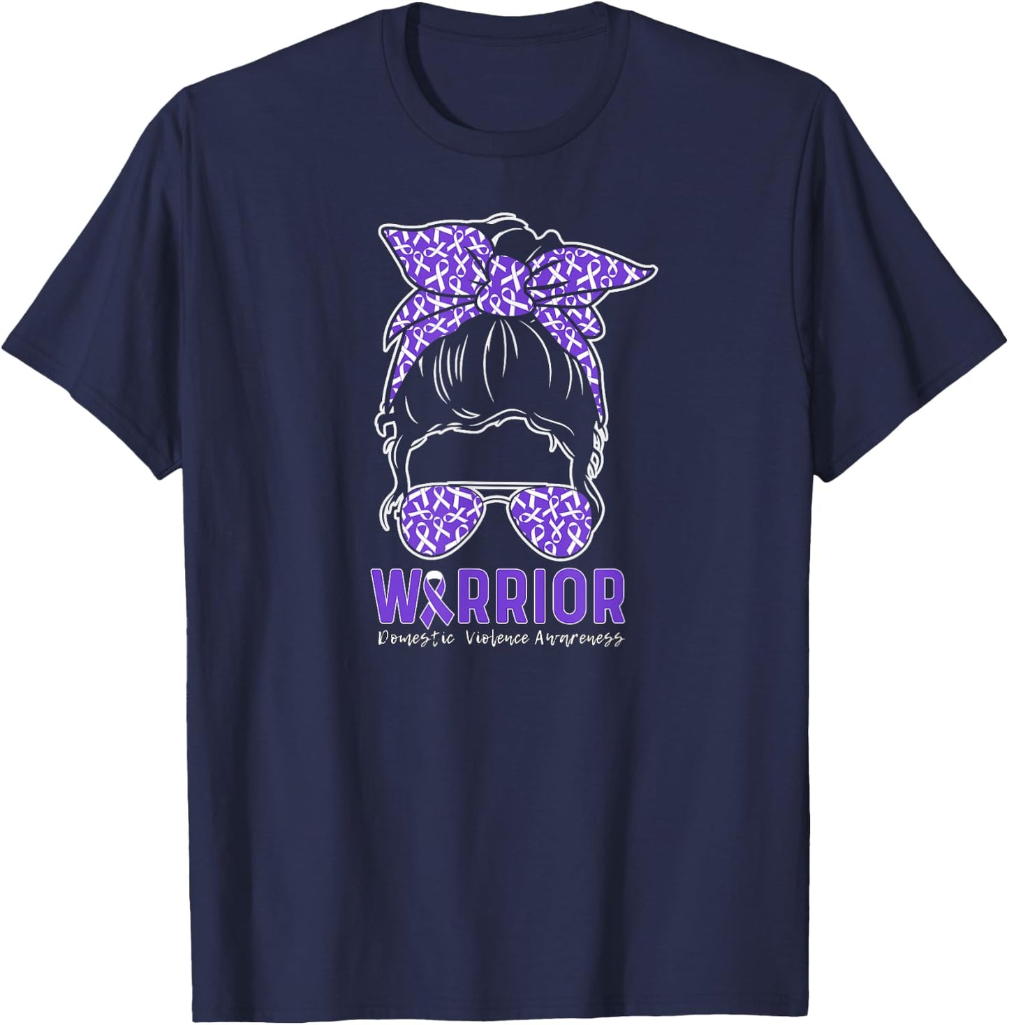 Warrior Messy Bun Women Girls Domestic Violence Awareness T-Shirt - T-Shirt | Navy