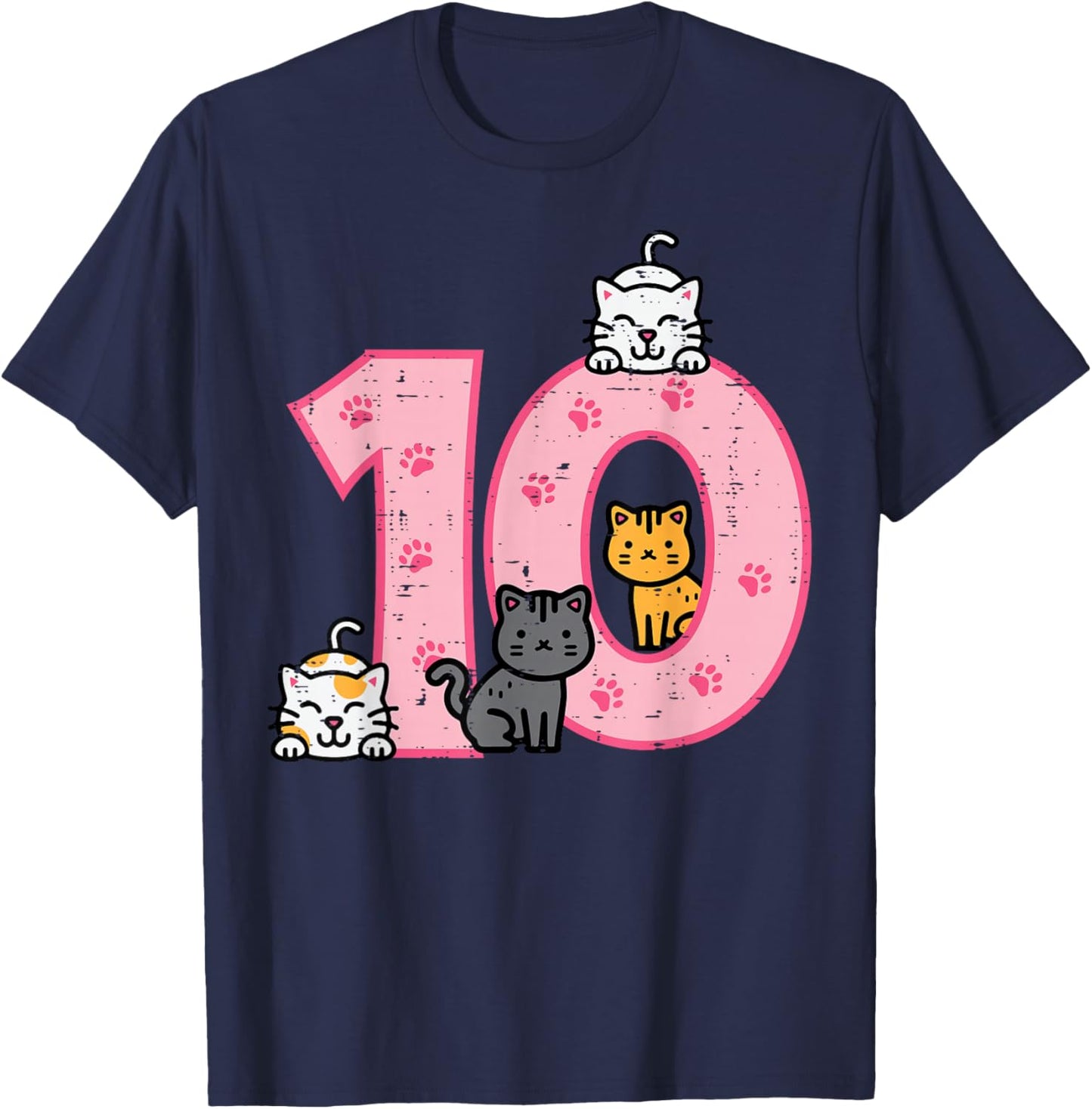 10th Birthday Cats On Number 10 Kawaii Bday Kitten Girls Kid T-Shirt - T-Shirt | Navy