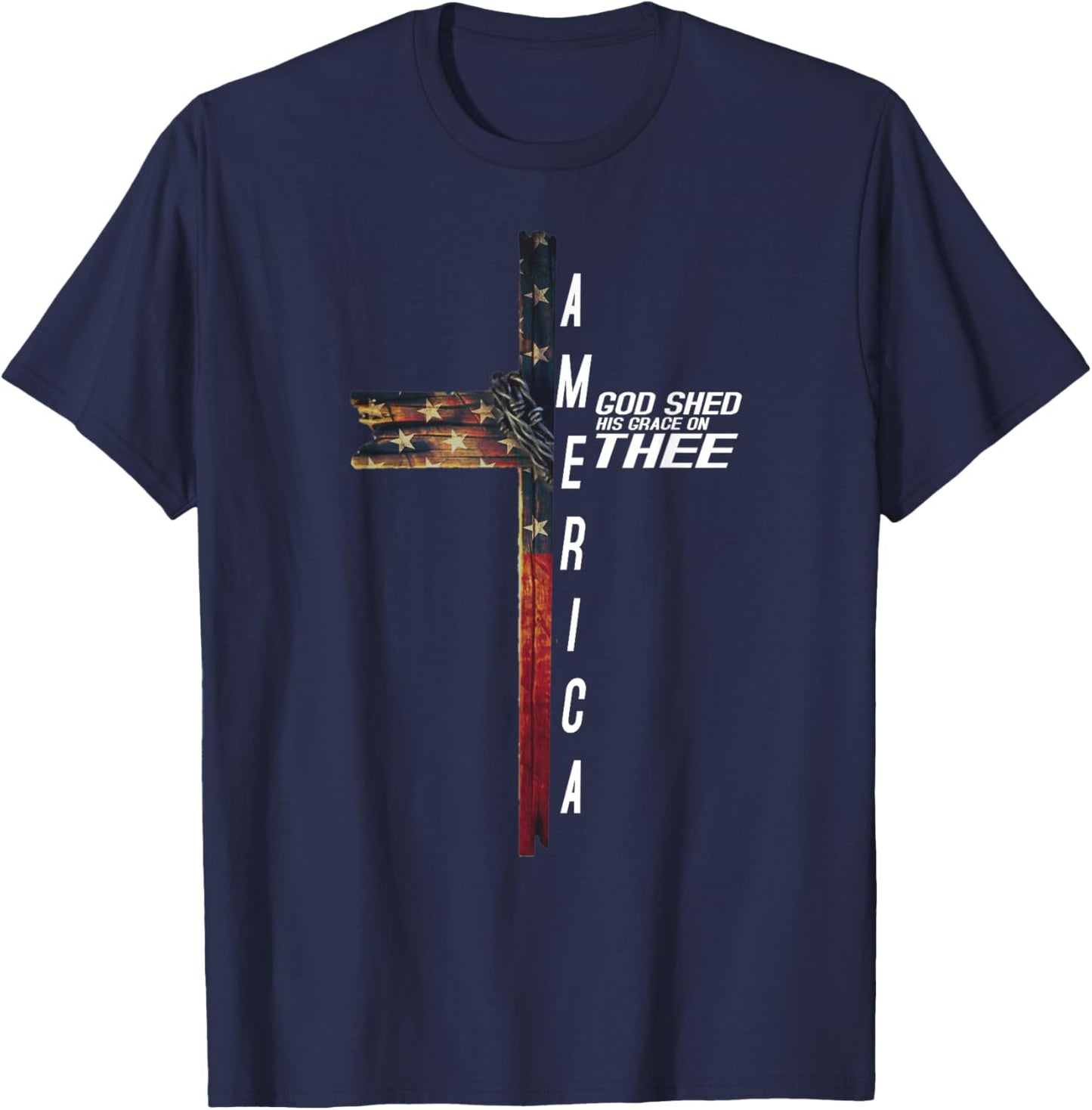 Cross With Flag USA America God Shed His Grace on Thee T-Shirt - T-Shirt | Navy