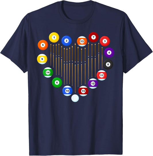 Love Billiard Pool Billiard Ball Billiard Player Lover Heart T-Shirt - T-Shirt | Navy