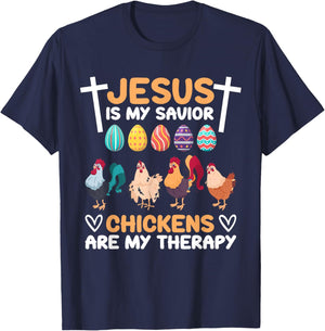Jesus Is My Savior Chickens Are My Therapy Easter Eggs Funny T-Shirt - T-Shirt | Navy