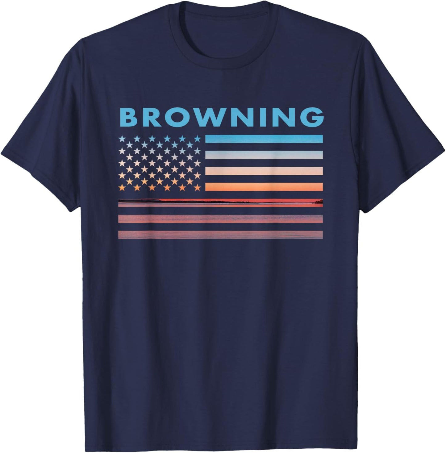 Vintage Sunset American Flag Browning, Montana T-Shirt - T-Shirt | Navy