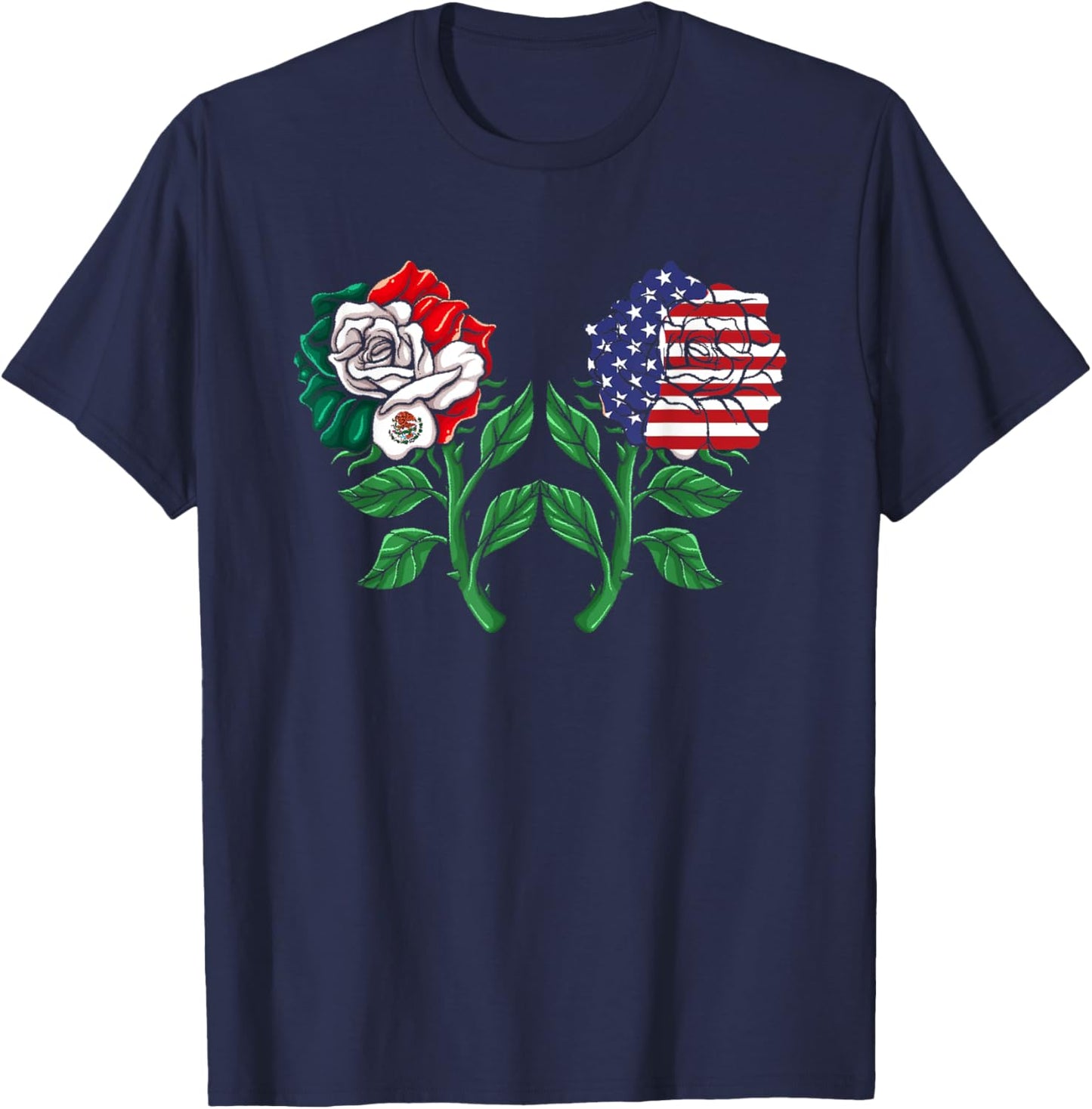 Mexico US Flag Mexican Flag American Flag Rose T-Shirt - T-Shirt | Navy