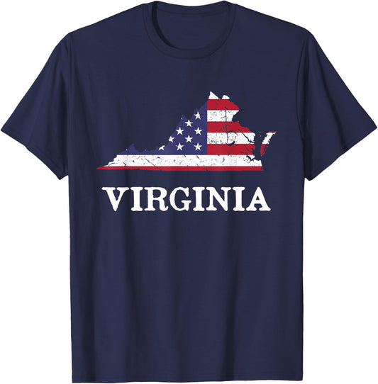 Virginia Map State American Flag 4th Of July Pride Kids Men T-Shirt - T-Shirt | Navy