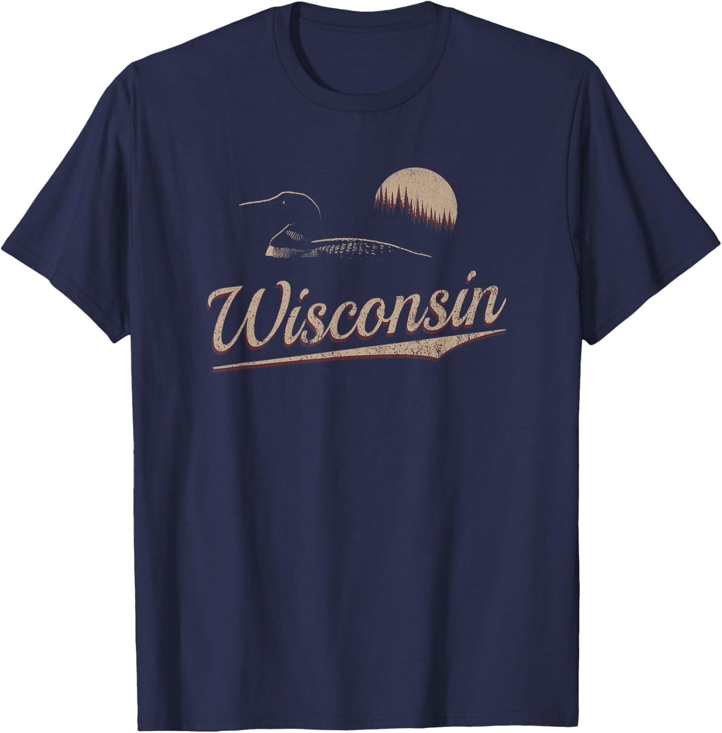 Wisconsin - Loon and Trees - Retro Wisconsin T-Shirt - T-Shirt | Navy
