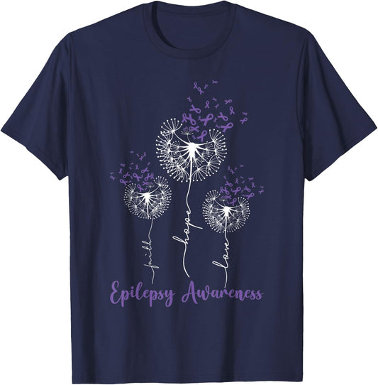 Faith Hope Love Dandelion Epilepsy Awareness Purple Ribbon T-Shirt - T-Shirt | Navy