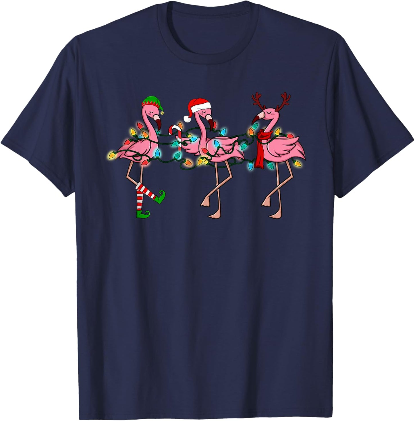 Christmas Lights Pink Flamingo Santa Hat Holiday Xmas T-Shirt - T-Shirt | Navy