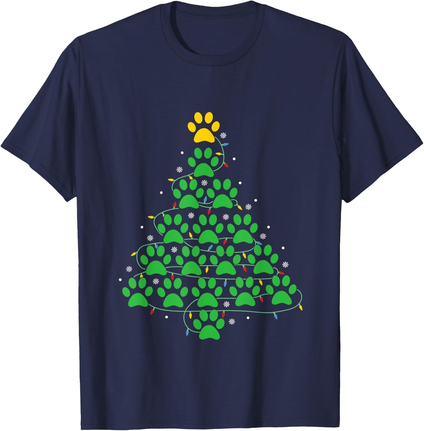Dog Paw Christmas Design Lr -Adult Dog Paws Print Christmas Tree Lights Dog Lover T-Shirt - T-Shirt | Navy
