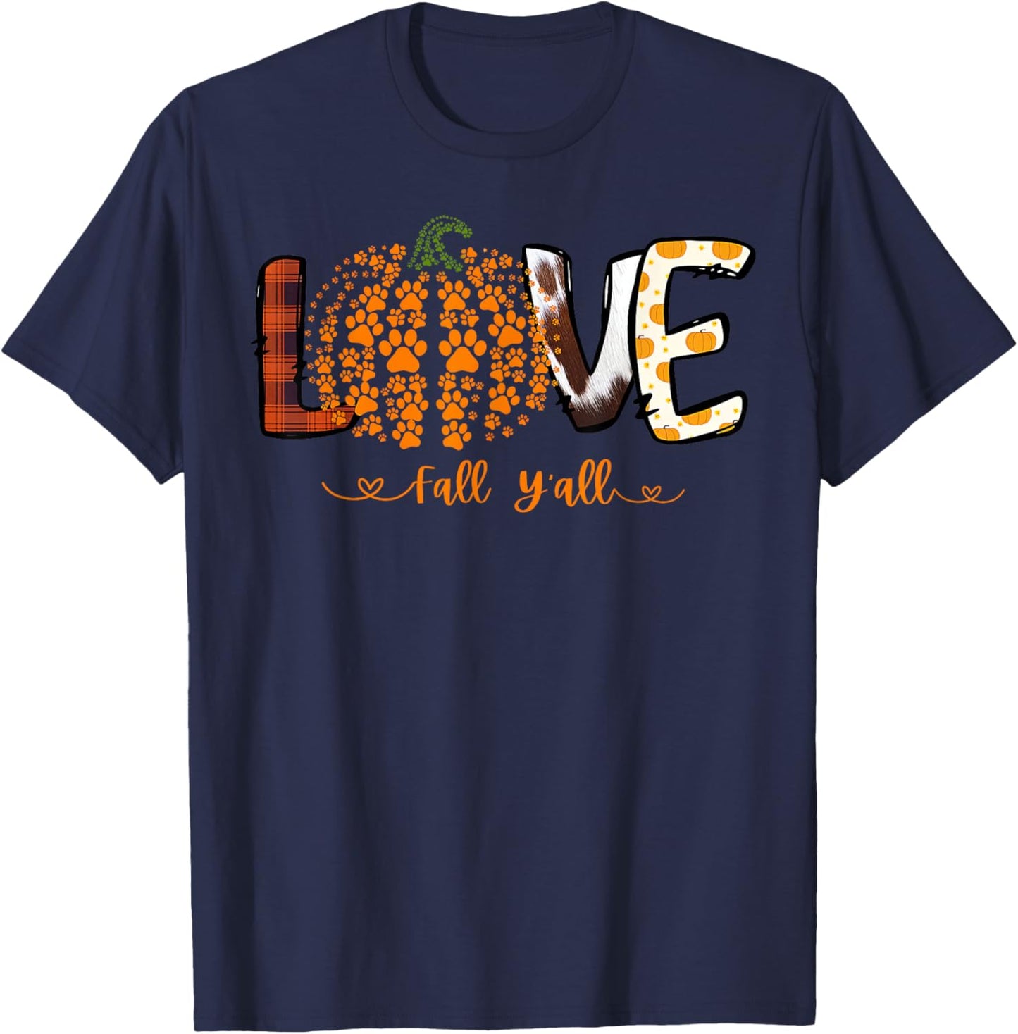Love Fall Y'all Pumpkin Dog Paw Print Autumn Falling Women Kids T-Shirt - T-Shirt | Navy