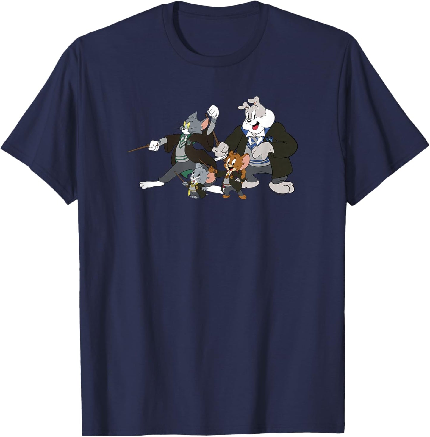 WB100 Tom and Jerry Cast With Hogwarts Uniforms Group Shot T-Shirt - T-Shirt | Navy