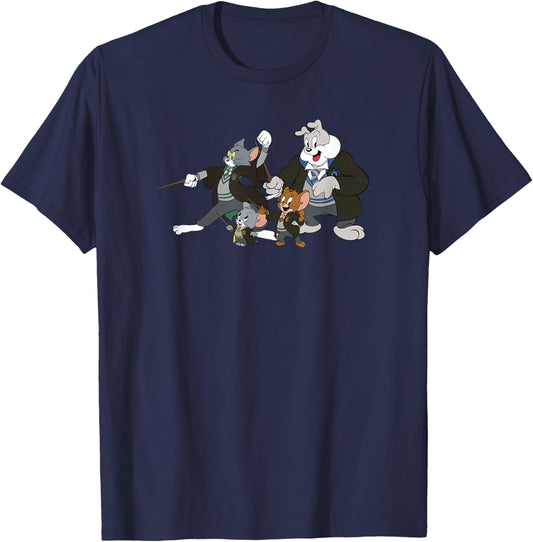 WB100 Tom and Jerry Cast With Hogwarts Uniforms Group Shot T-Shirt - T-Shirt | Navy
