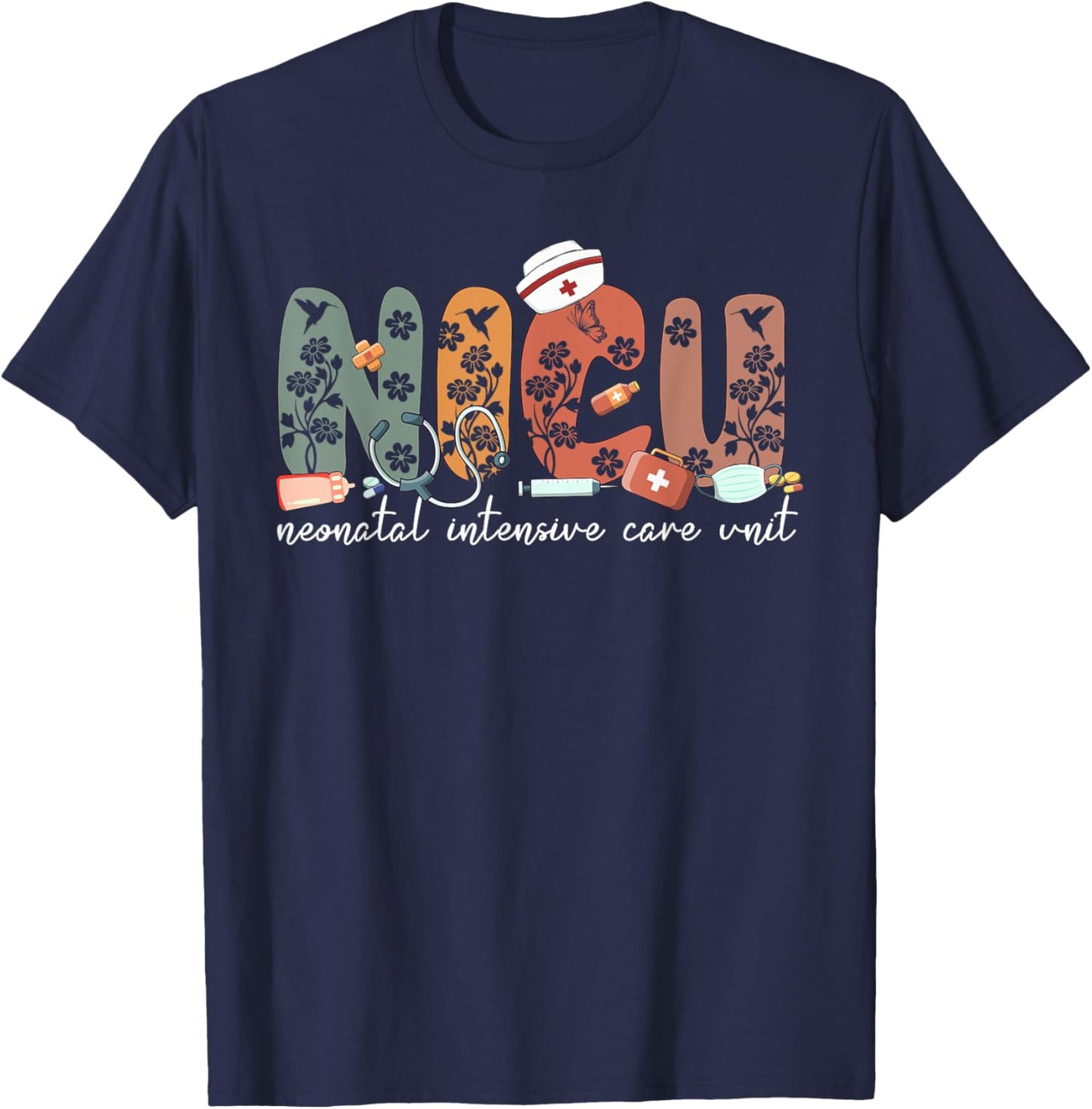 Floral NICU Nurse Neonatal Itensive Care Unit Nursing T-Shirt - T-Shirt | Navy