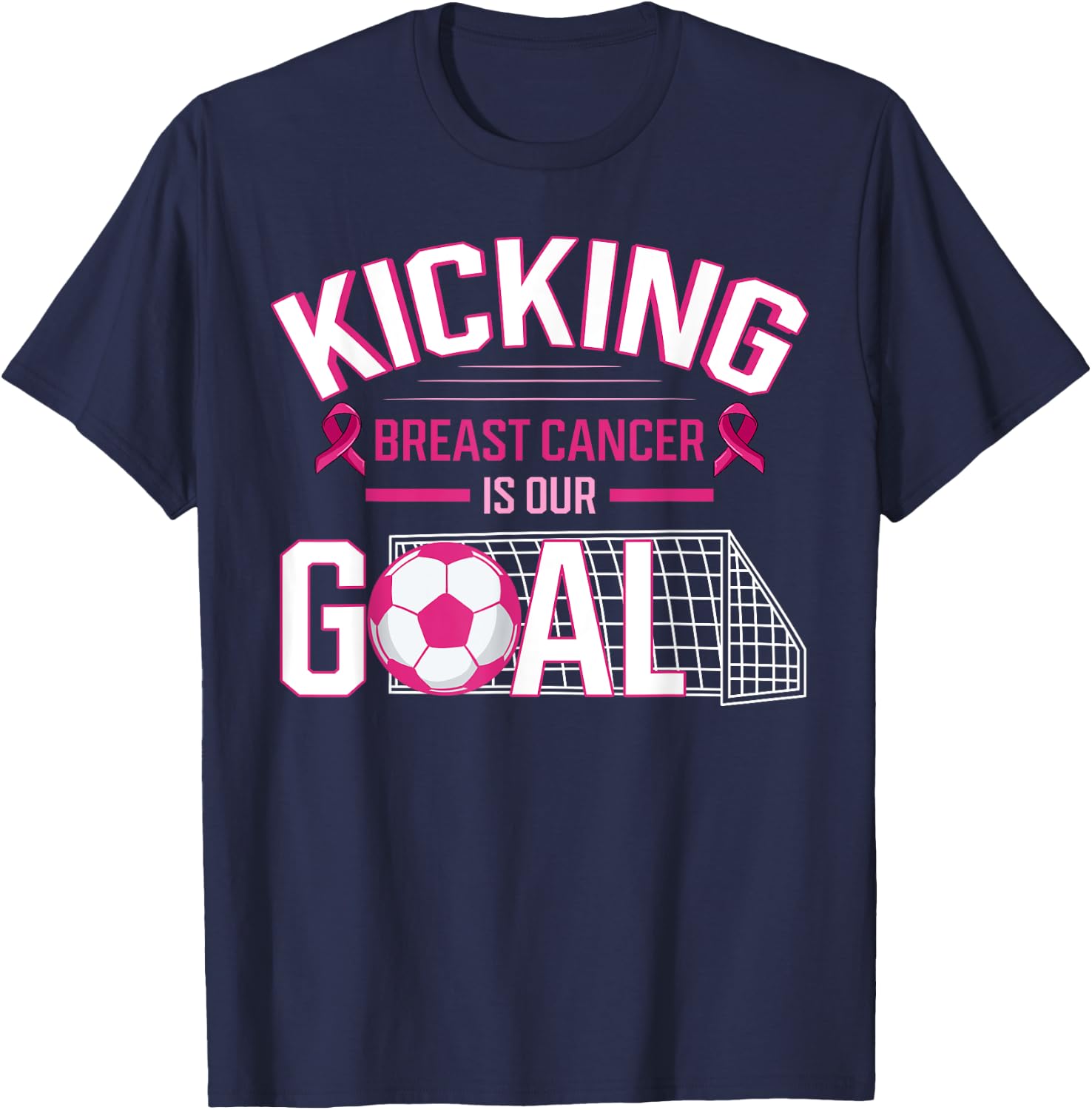 Breast Cancer Soccer Ball Goal Pink Ribbon Mammogram Sport T-Shirt - T-Shirt | Navy