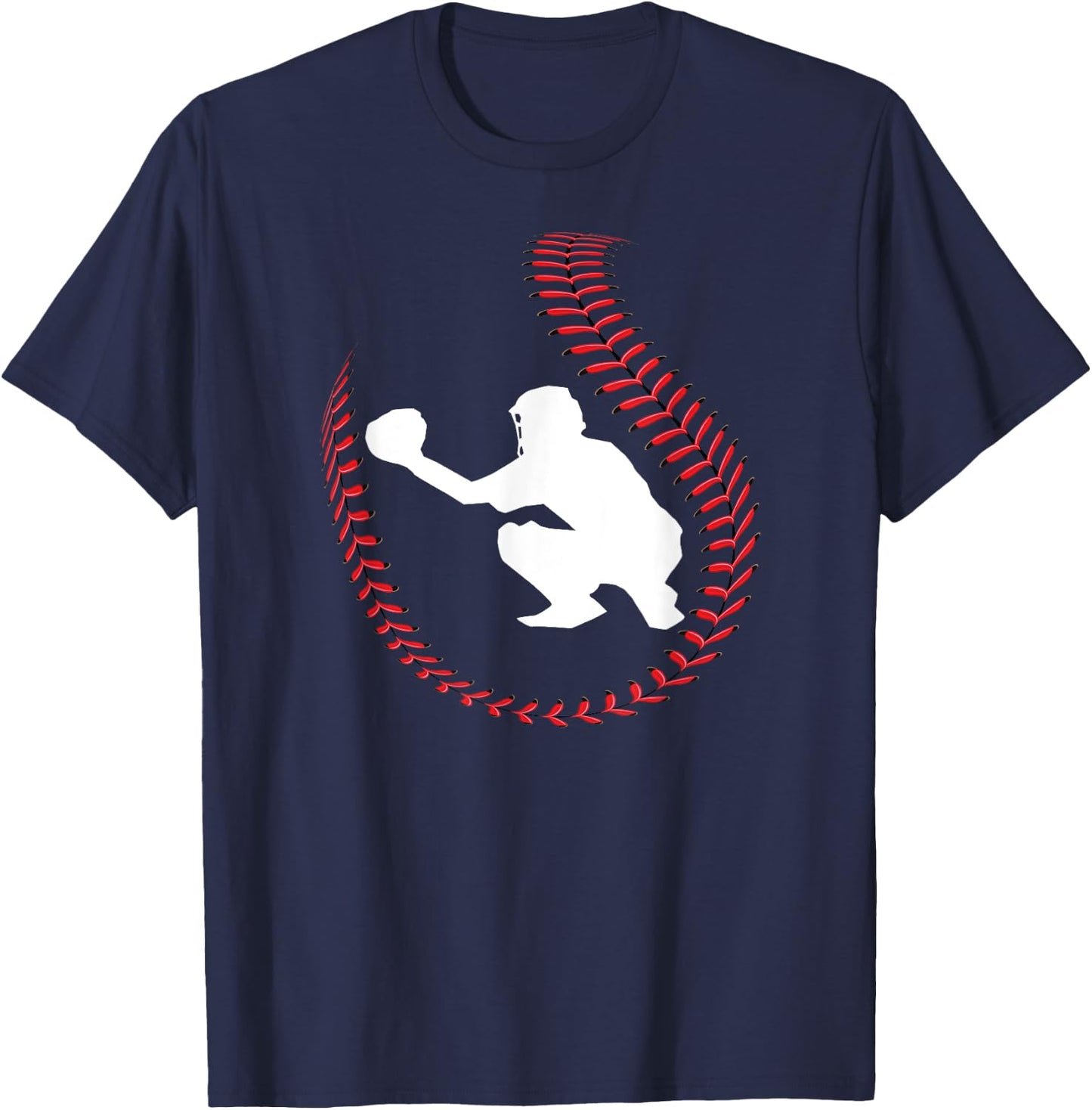 Baseball Catcher Ball Stitch Silhouette T-Shirt - T-Shirt | Navy