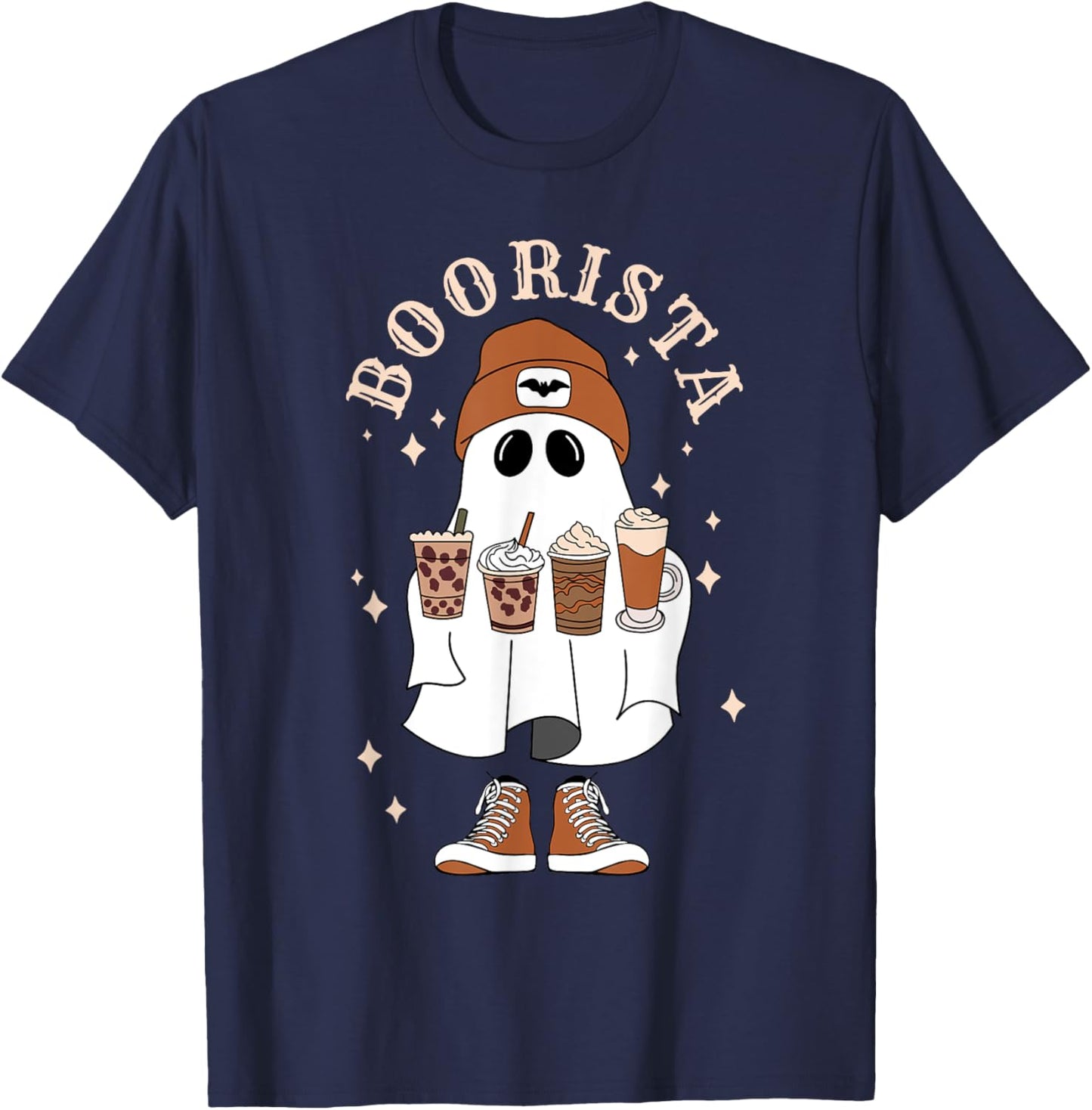 Boorista Ghost With Coffee Halloween Cute Ghost Latte Coffee T-Shirt - T-Shirt | Navy