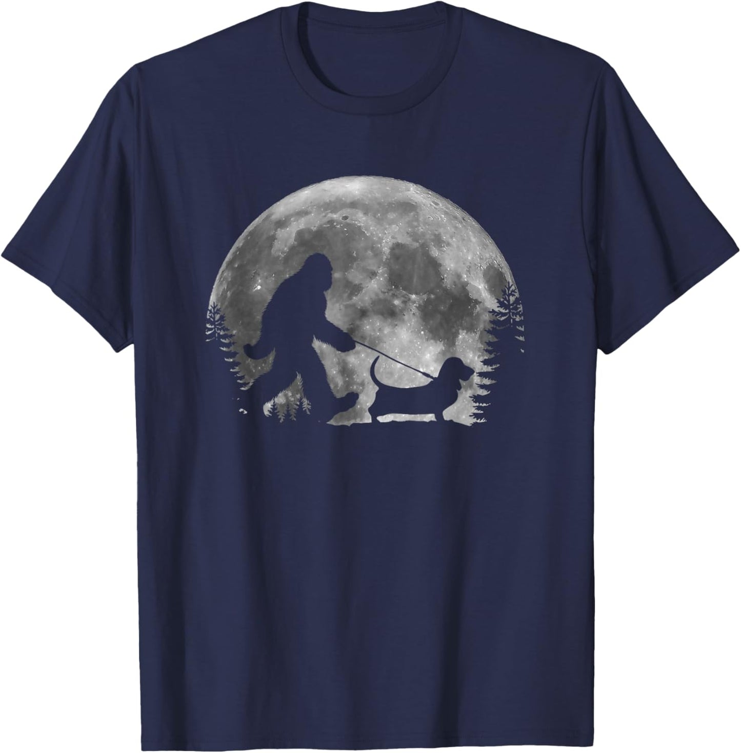 Bigfoot Walking a Dog Funny Basset Hound Moon Halloween Women Kids T-Shirt - T-Shirt | Navy