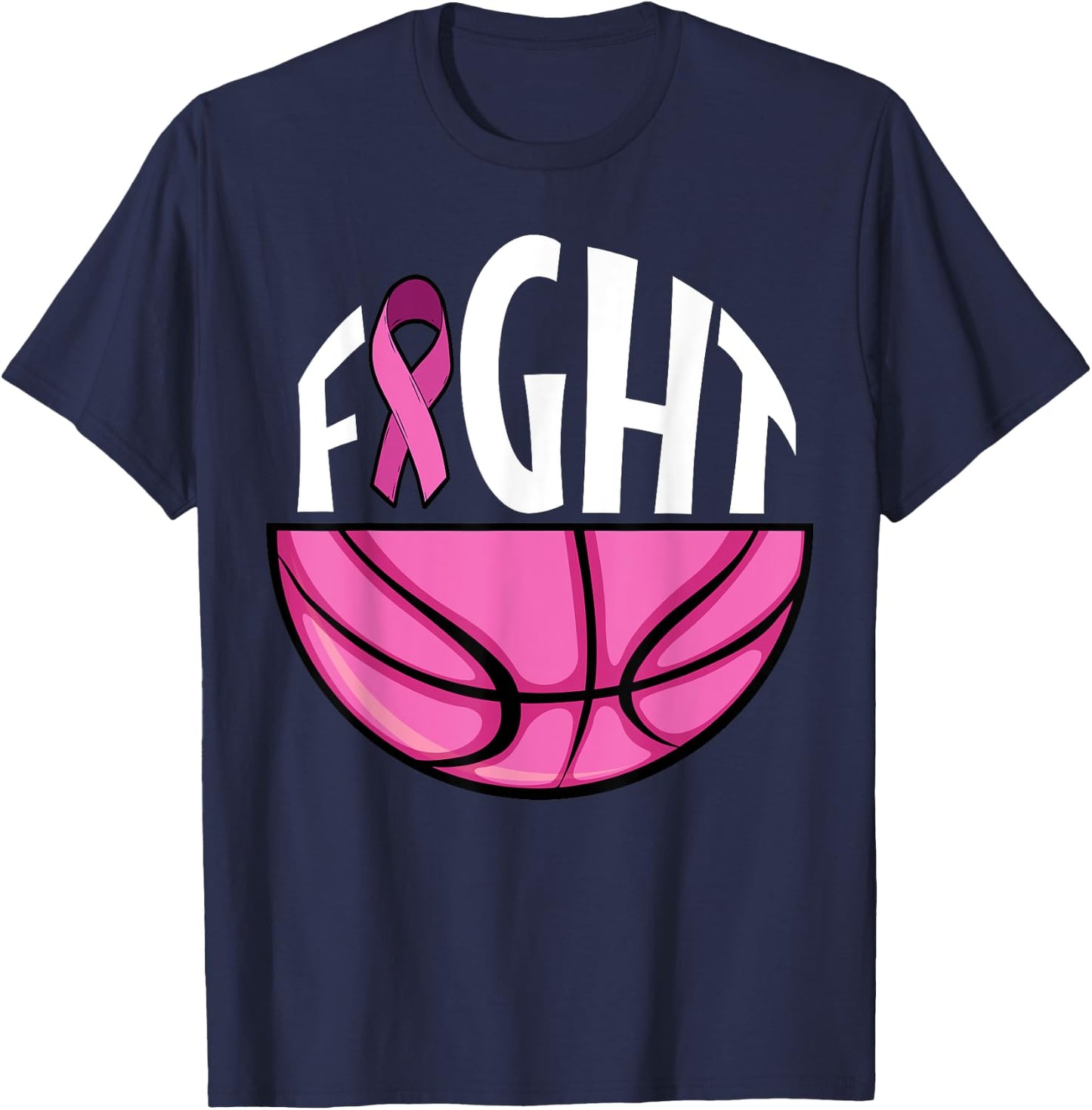 Breast Cancer Awareness Pink Ribbon Basketball Team Support T-Shirt - T-Shirt | Navy