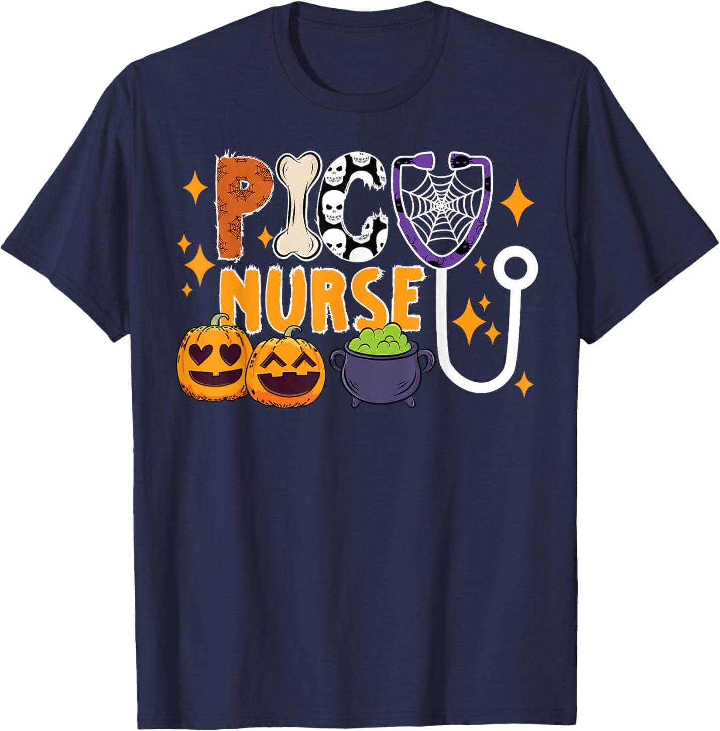Spooky PICU Nurse Halloween Pediatric Intensive Care Unit T-Shirt - T-Shirt | Navy