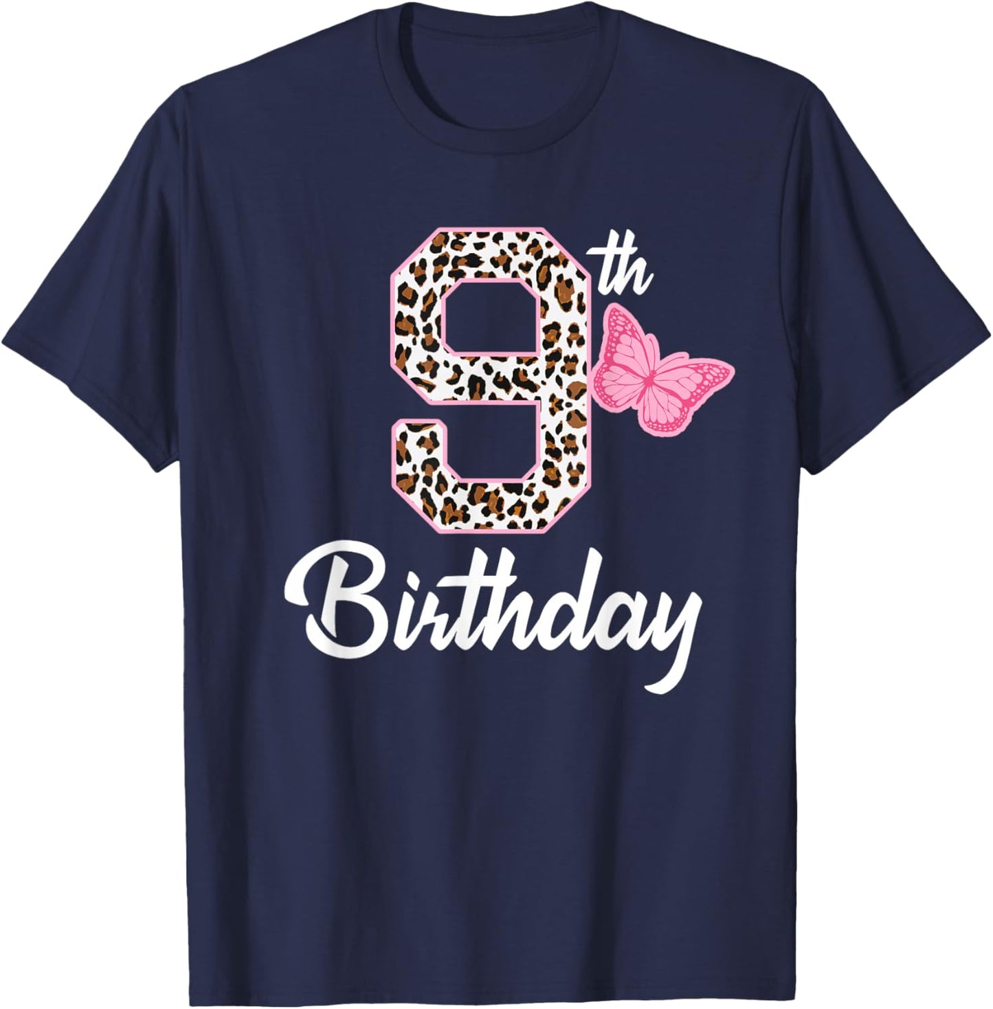 9th birthday 9 year old girl leopard Butterfly age 9 T-Shirt - T-Shirt | Navy