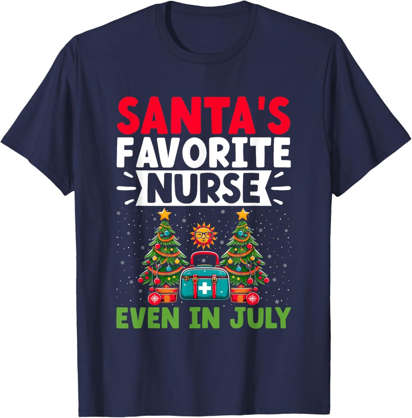 Christmas In July Nurse Santa Hat Summer Medical RN T-Shirt - T-Shirt | Navy