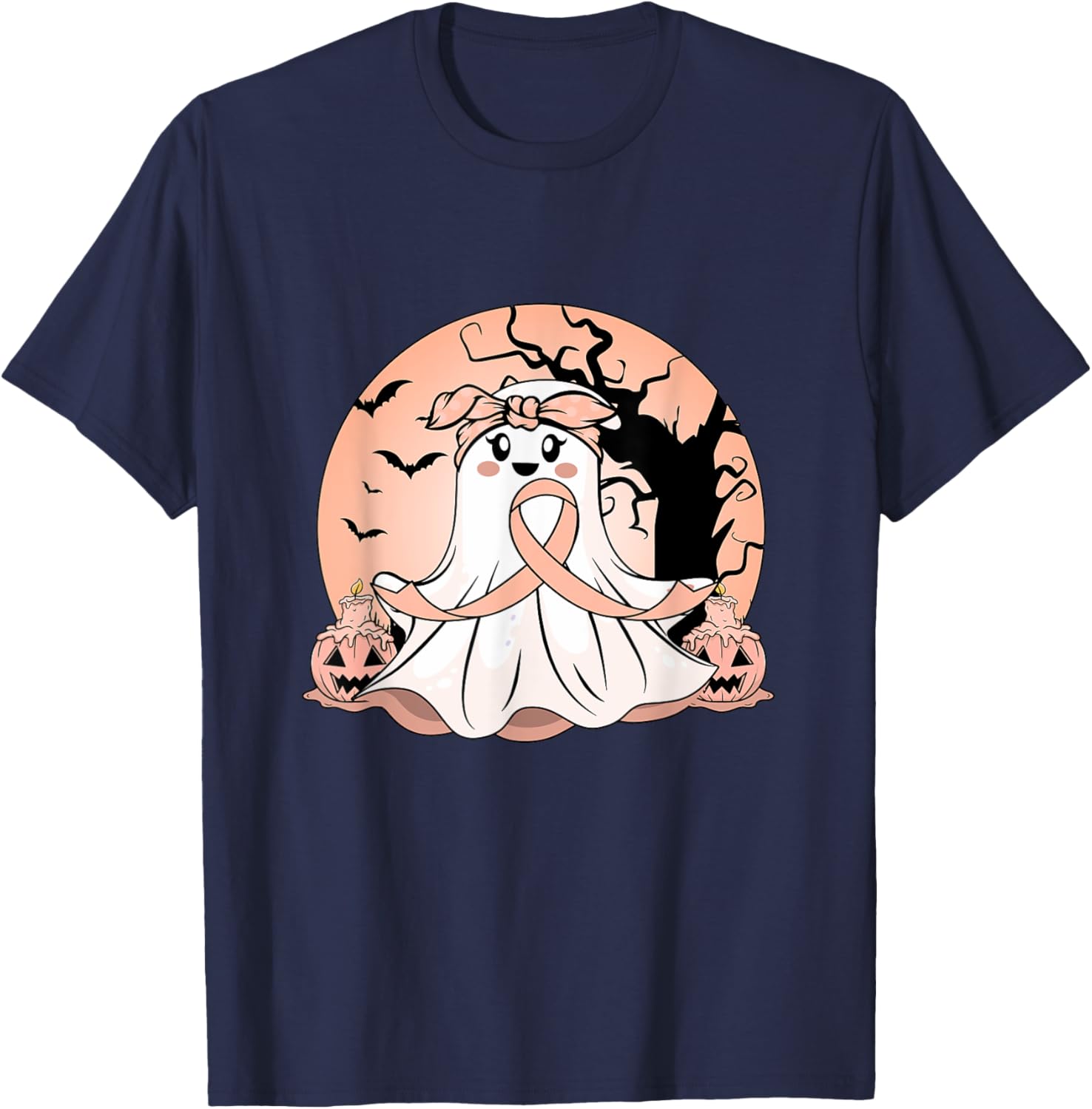 Uterine Cancer Halloween Pumpkin Peach Ribbon Awareness T-Shirt - T-Shirt | Navy