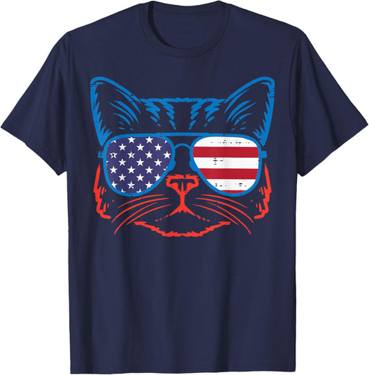 4th July Cat US Flag Sunglasses Patriot Women Girls Kids Men T-Shirt - T-Shirt | Navy