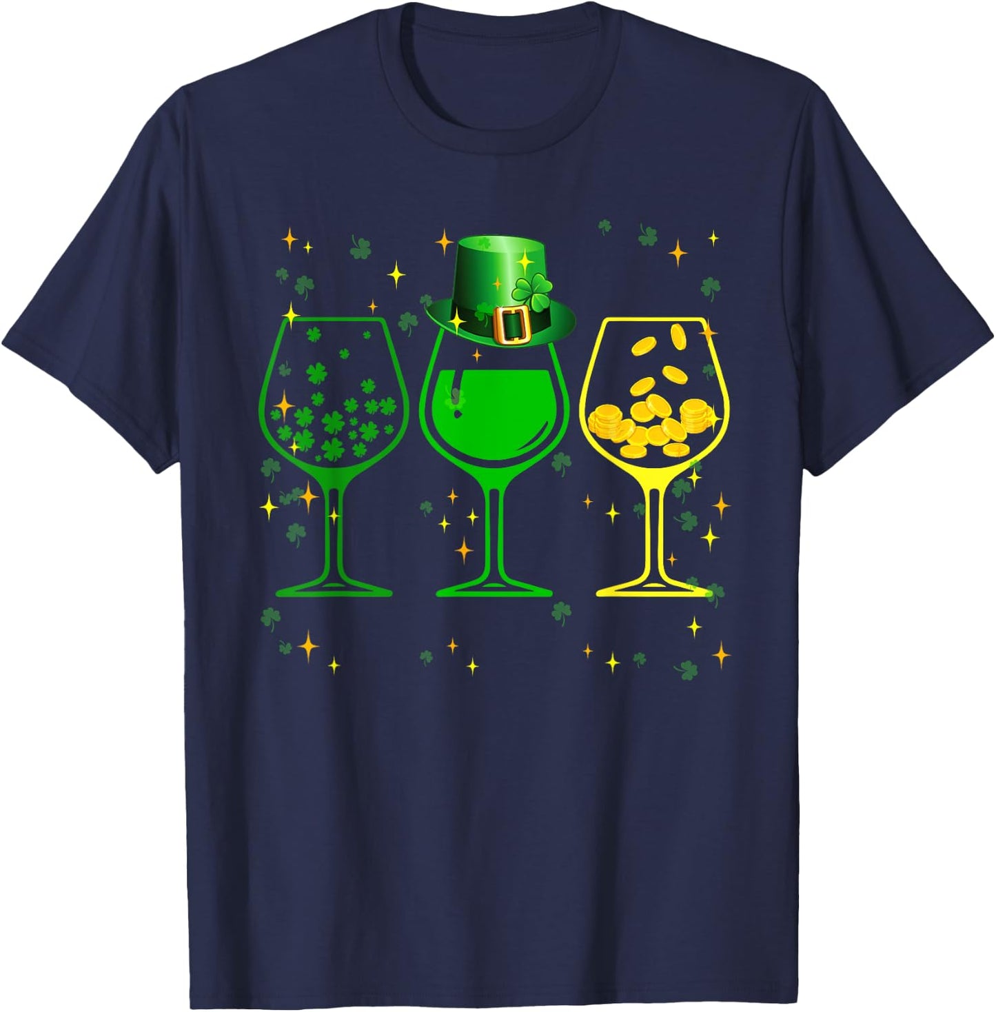 Three Wine Glasses Clover Shamrock St Patrick day Irish gift T-Shirt - T-Shirt | Navy
