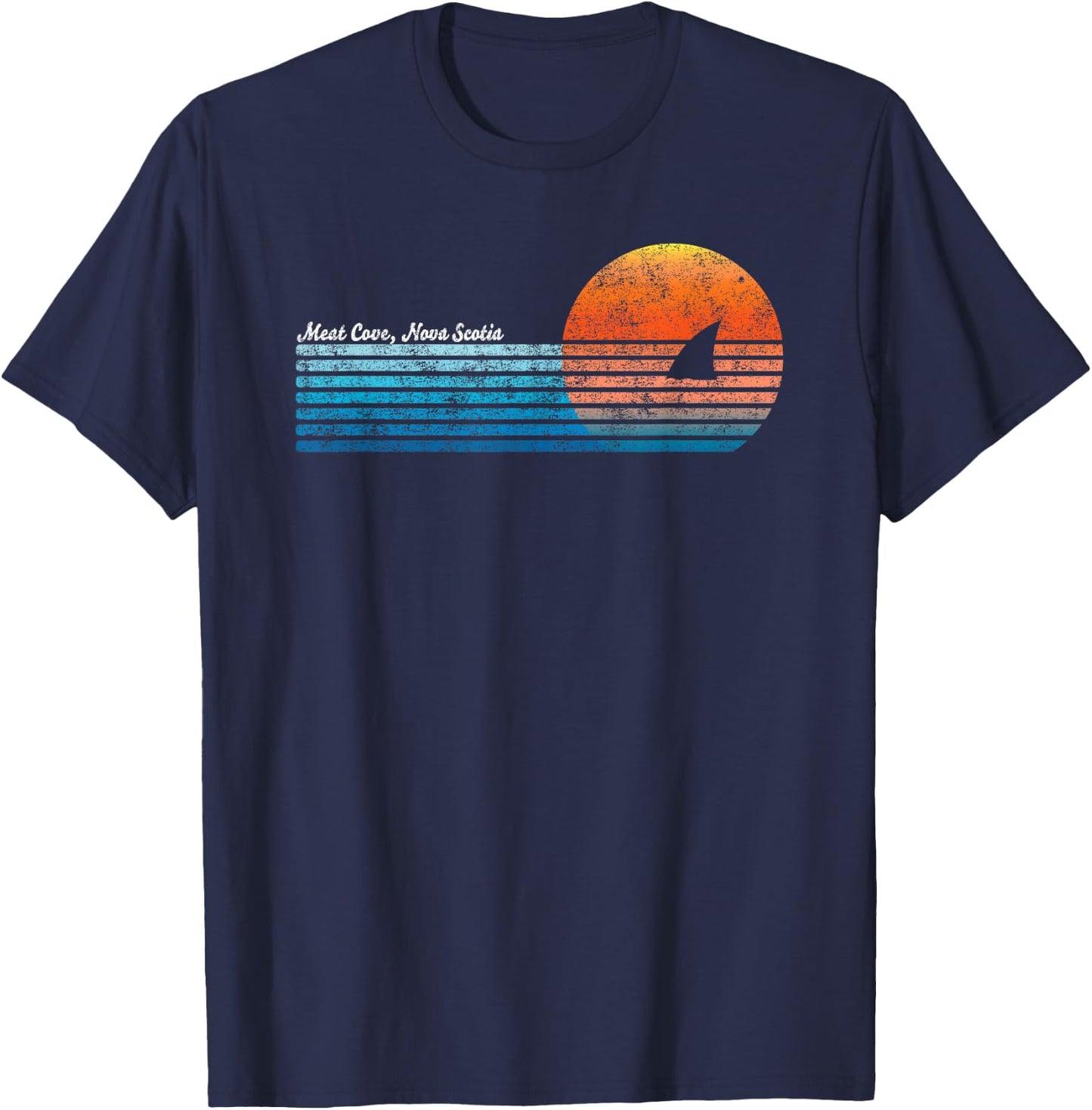 Vintage Meat Cove Retro 80s Shark Fin Sunset T-Shirt - T-Shirt | Navy