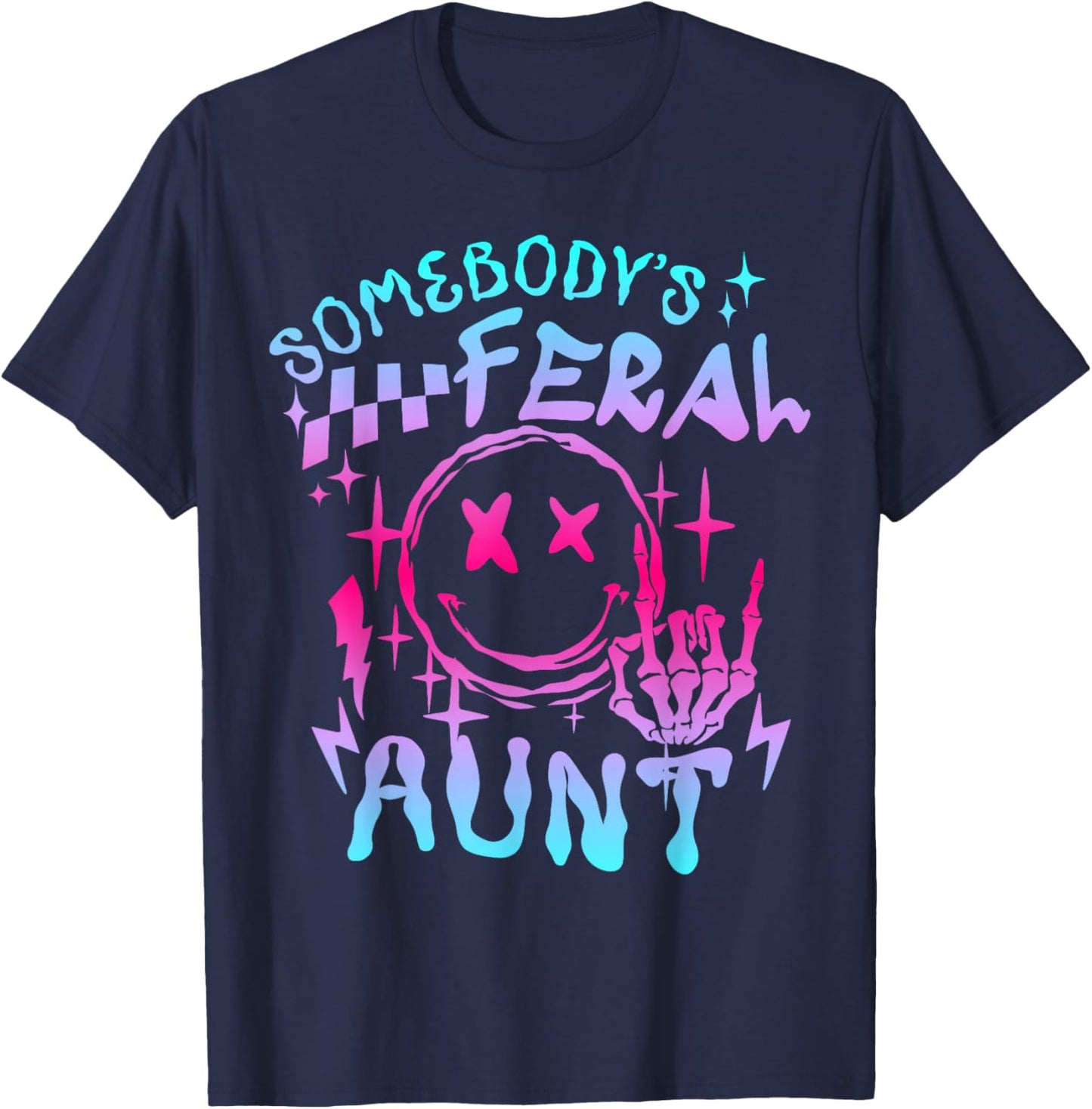 Retro Tie Dye Somebodys Feral Aunt Matching Mothers Day T-Shirt - T-Shirt | Navy