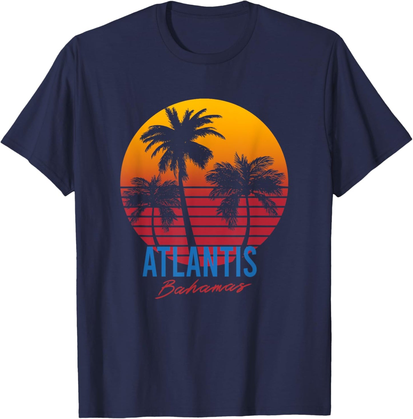 Vintage Atlantis Bahamas Palm Trees Sunset Retro T-Shirt - T-Shirt | Navy