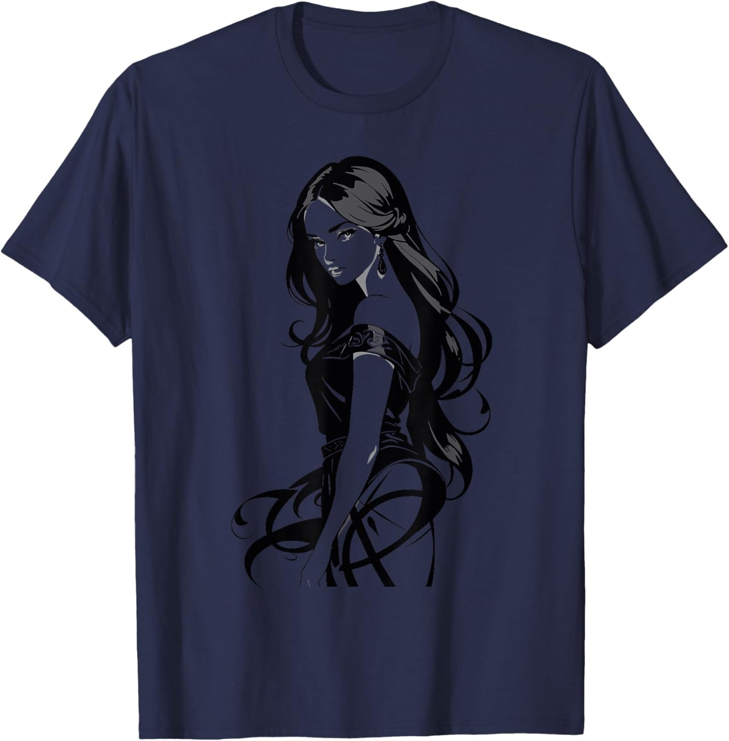 Sexy Waifu Anime Girl Japanese in Black and White Art T-Shirt - T-Shirt | Navy