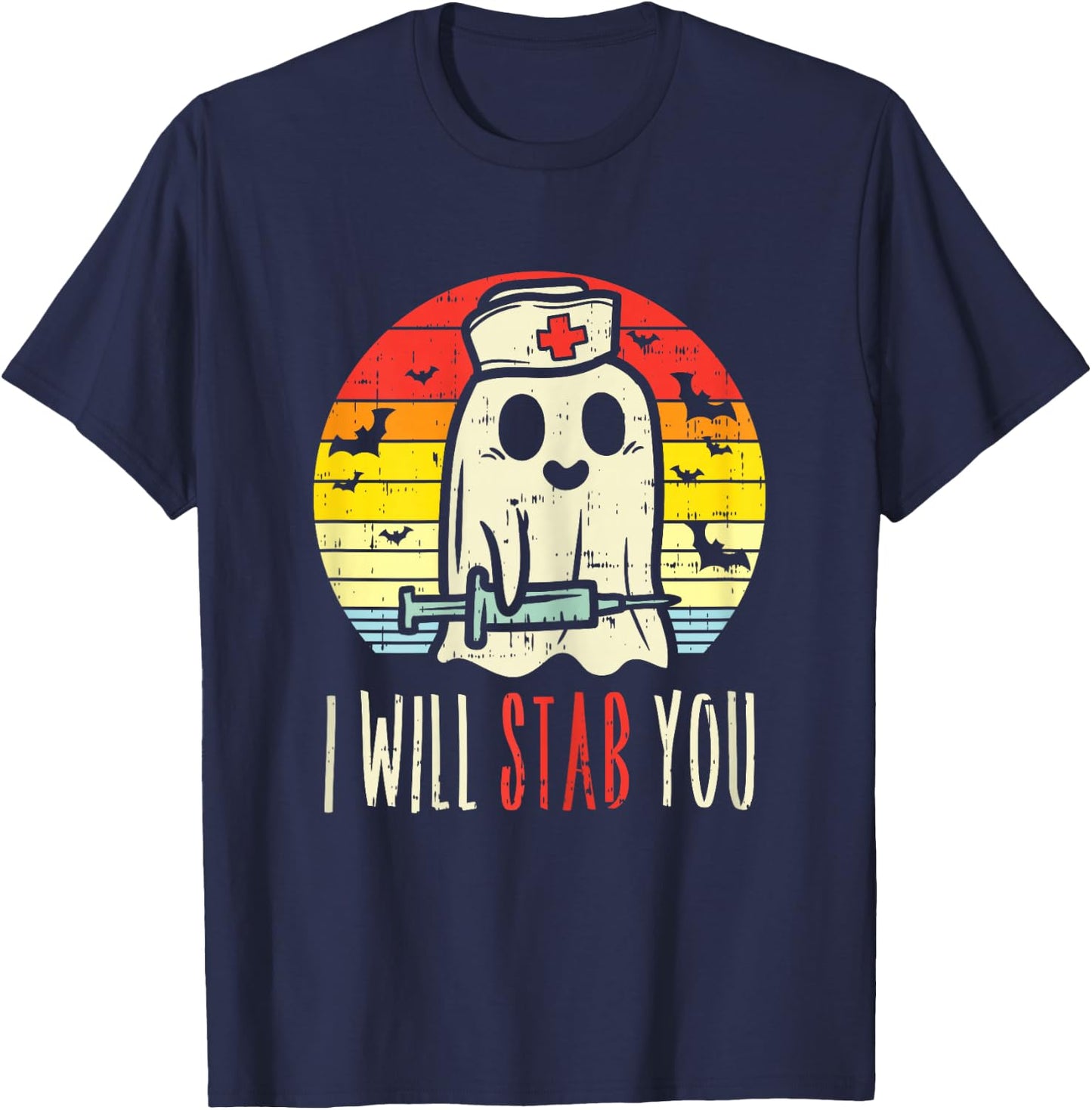 Will Stab You Ghost Nurse Retro Halloween Nursing RN T-Shirt - T-Shirt | Navy