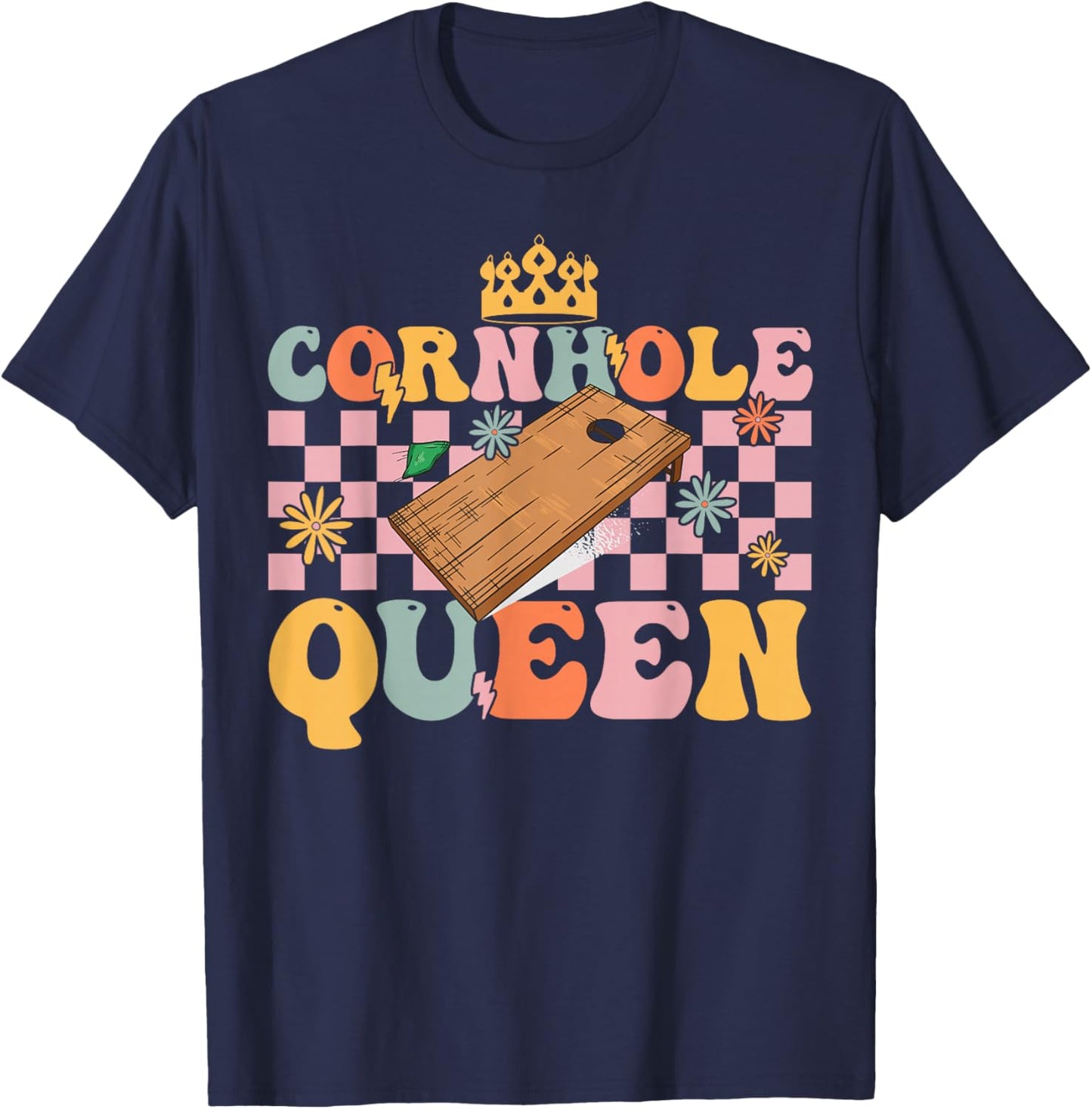 Cornhole Queen Groovy Cornhole Mom Corn Hole T-Shirt - T-Shirt | Navy