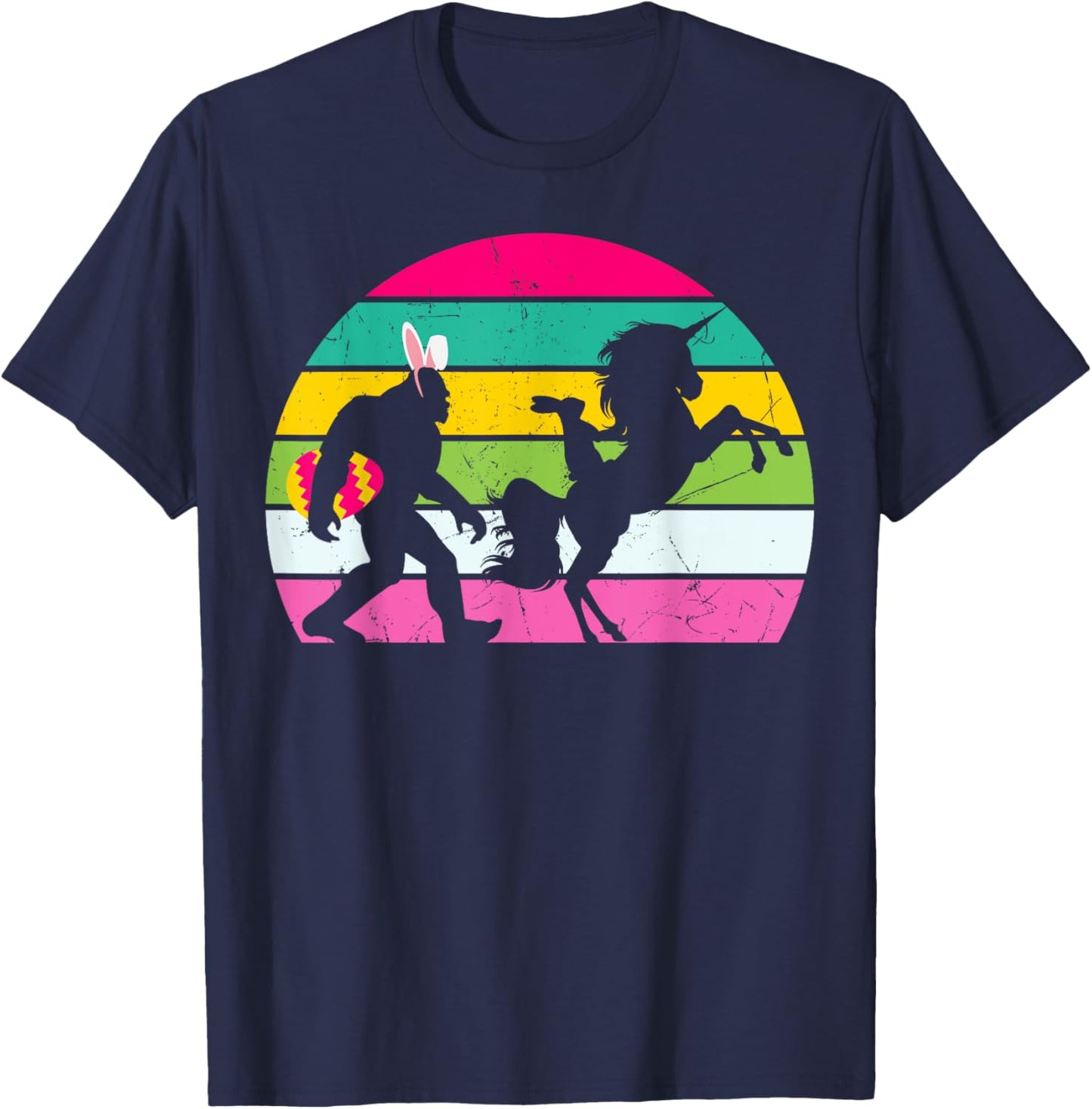 Bigfoot Unicorn Easter Bunny Retro Colorful Sunset Funny T-Shirt - T-Shirt | Navy