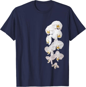 White Phalaenopsis Orchid One-Side Garland Shapes Mania T-Shirt - T-Shirt | Navy