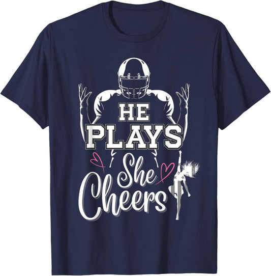 He Plays She Cheers Mom and me Football Season Cheerleader T-Shirt - T-Shirt | Navy