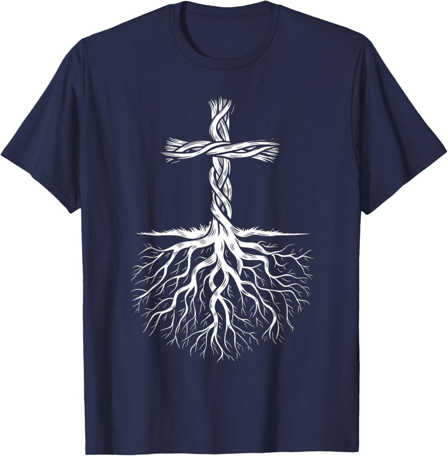 Religious Faith God Jesus Christ Tree Roots Christian Cross T-Shirt - T-Shirt | Navy
