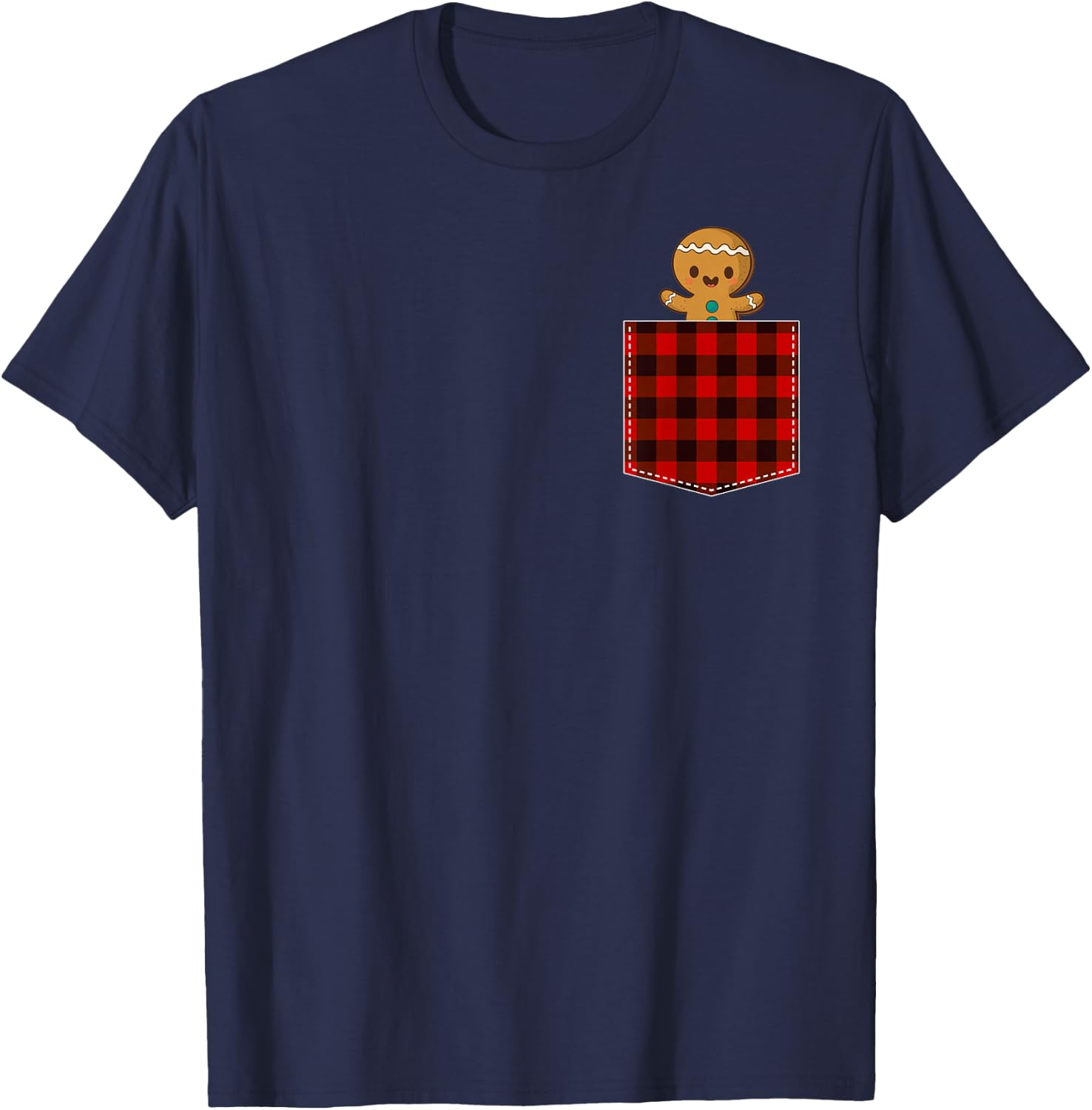 Red Plaid Gingerbread Cookie in Pocket Buffalo Christmas T-Shirt - T-Shirt | Navy