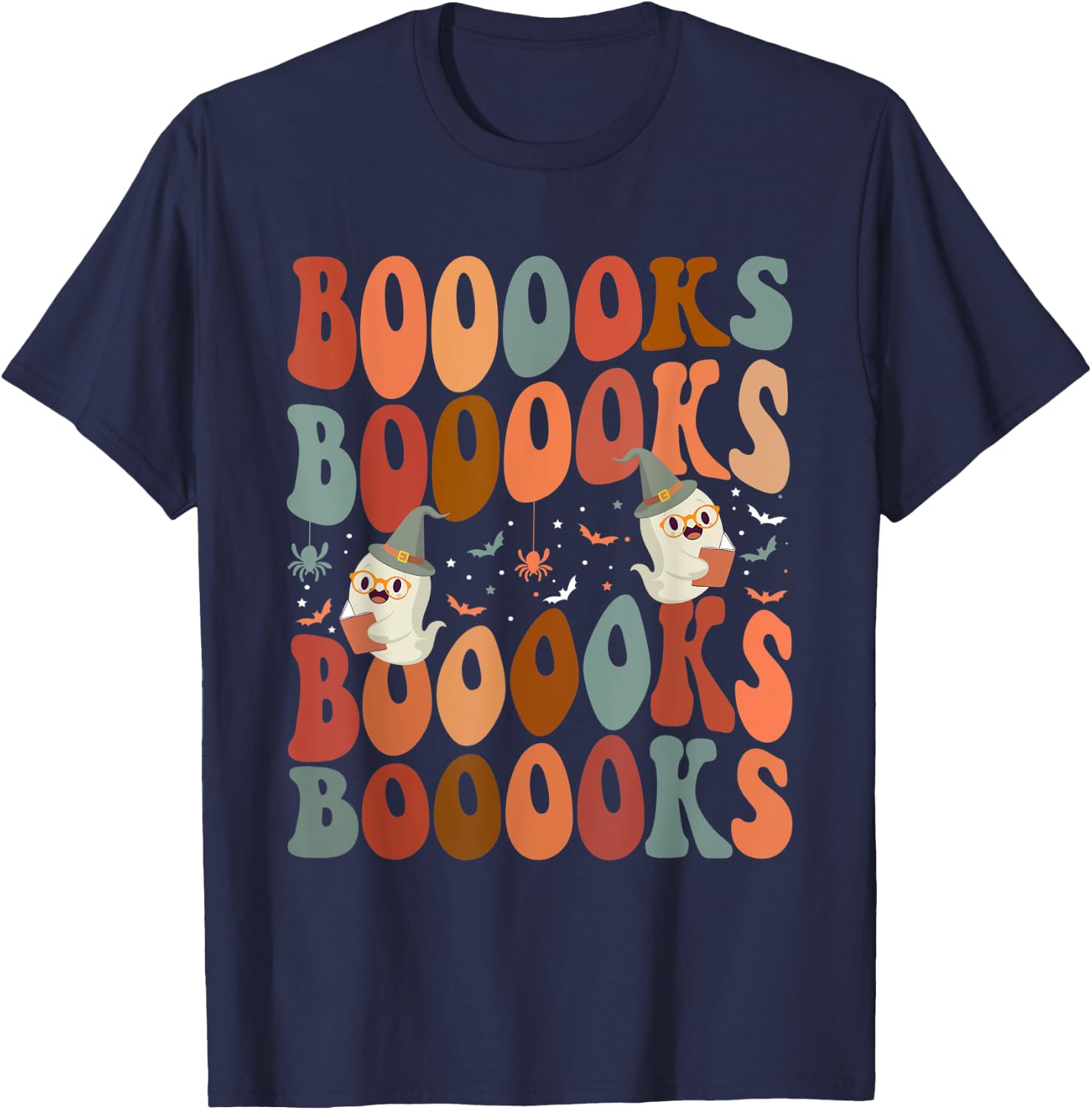 Booooks Ghost Boo Read Books Library Teacher Halloween cute Men Women Kids T-Shirt - T-Shirt | Navy
