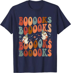 Booooks Ghost Boo Read Books Library Teacher Halloween cute Men Women Kids T-Shirt - T-Shirt | Navy