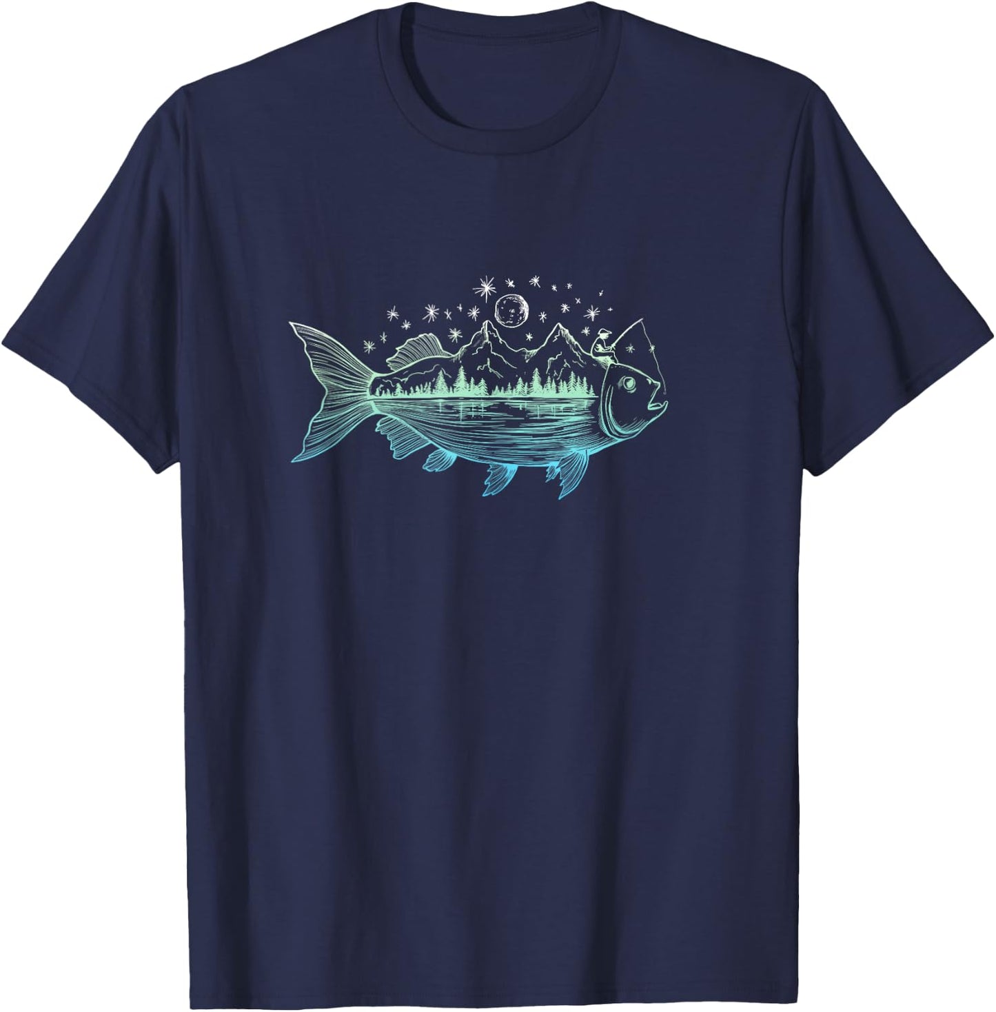 Cool Fish Shaped from Mountains Nature Scene Fishing T-Shirt - T-Shirt | Navy