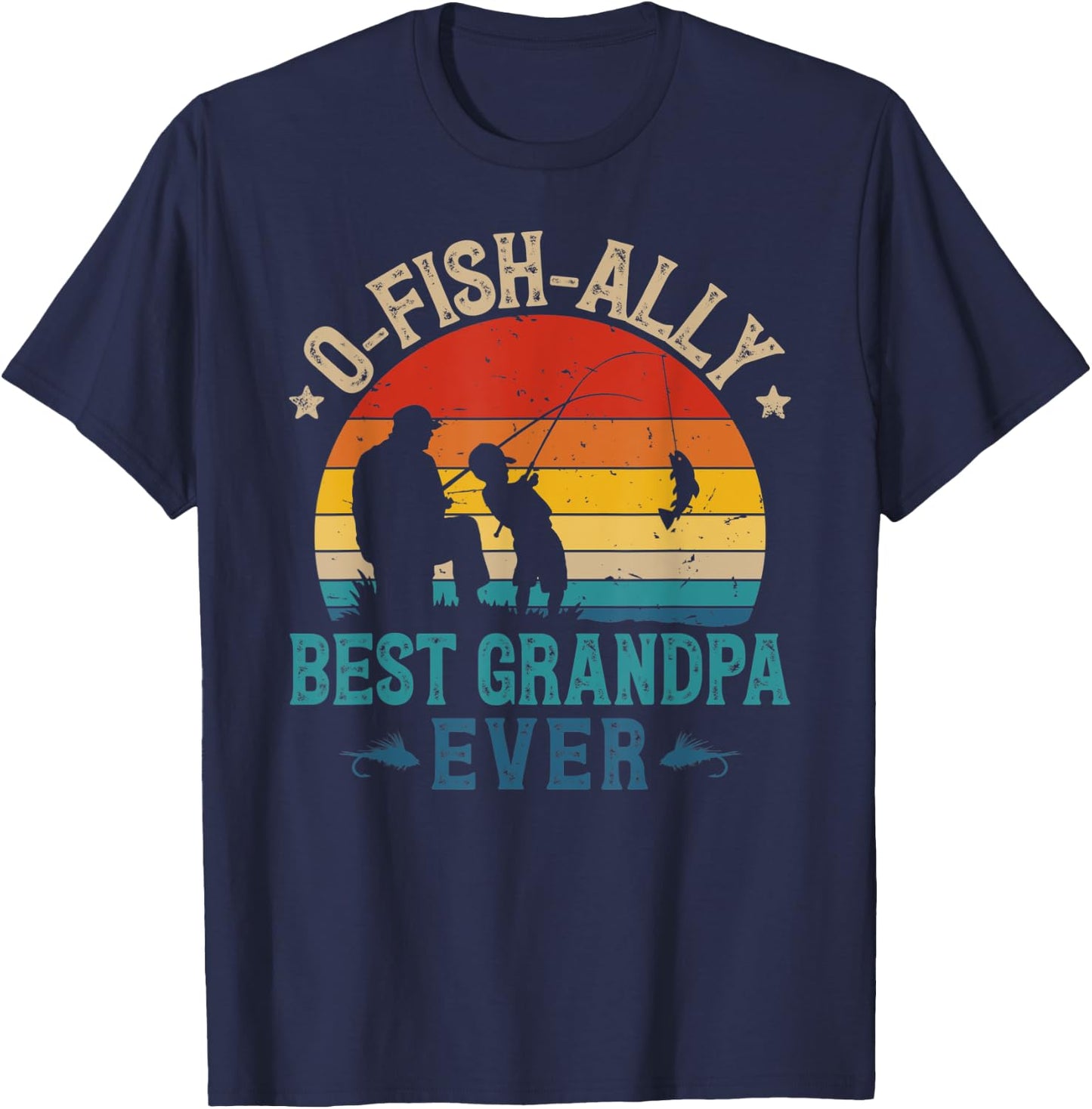 Vintage Fishing Best Grandpa Ever Ofishally Sunset Fisherman T-Shirt - T-Shirt | Navy