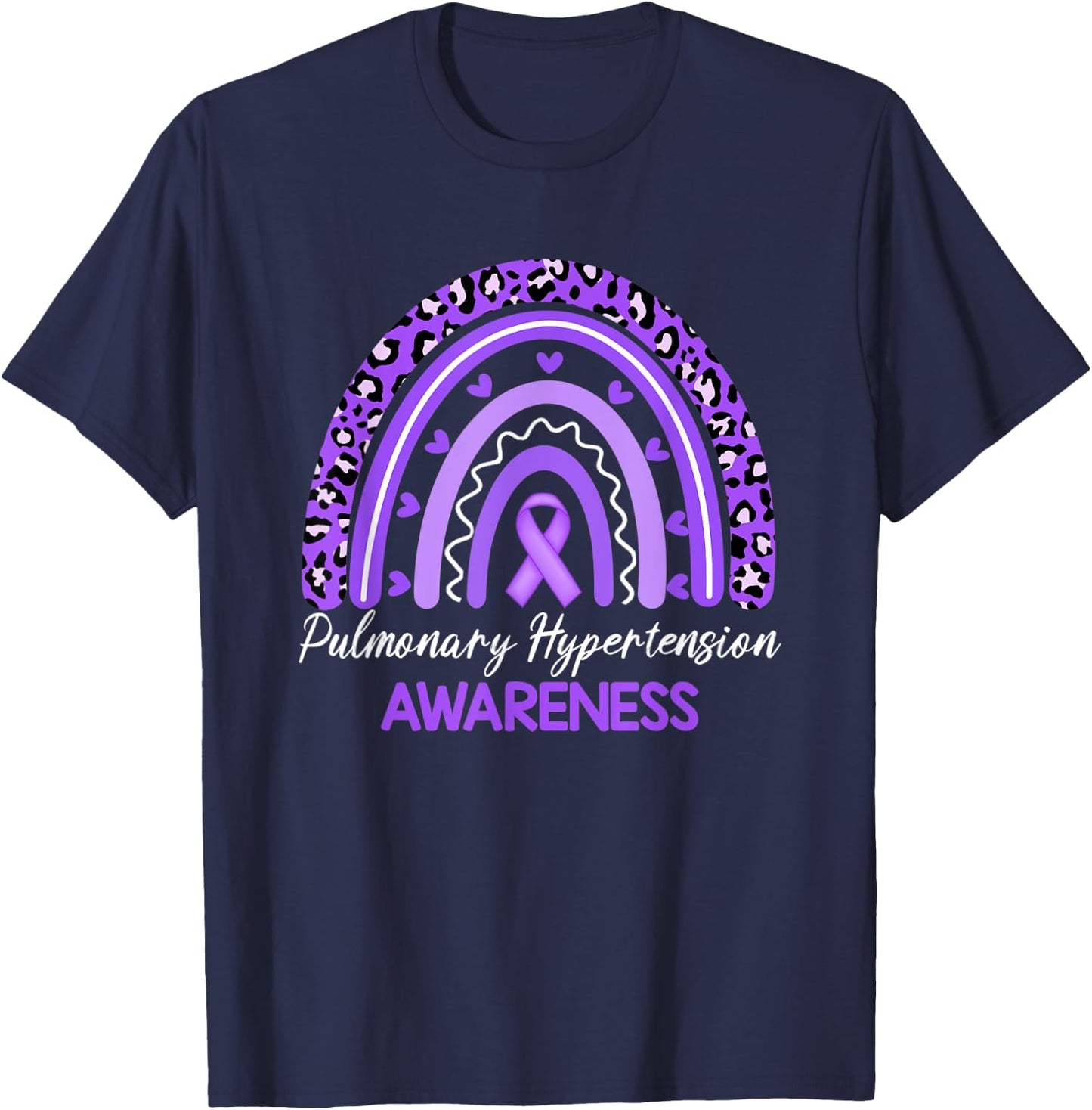 Leopard Rainbow Ribbon Pulmonary Hypertension Awareness T-Shirt - T-Shirt | Navy