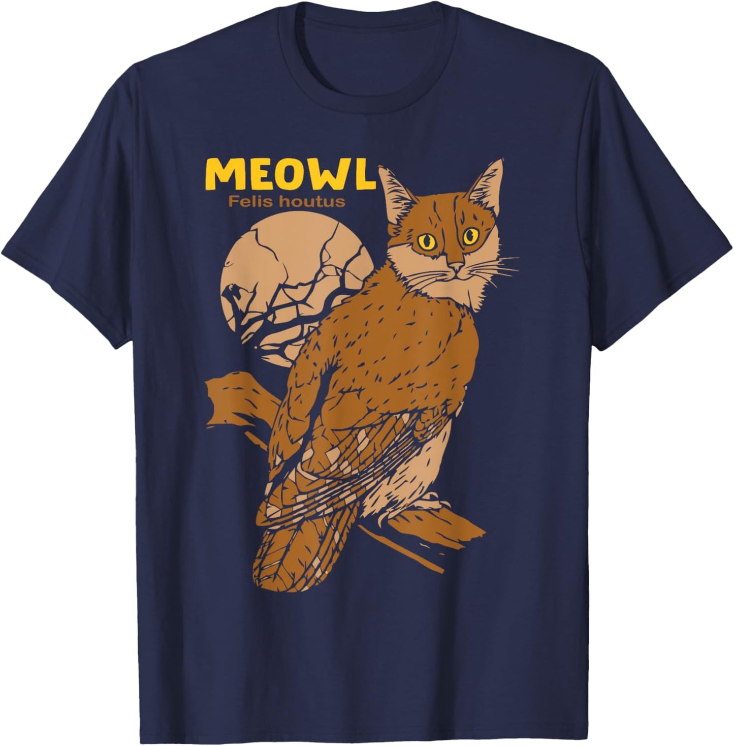 Meowl Cat Owl With Tree And Full Moon Funny Gift Women T-Shirt - T-Shirt | Navy