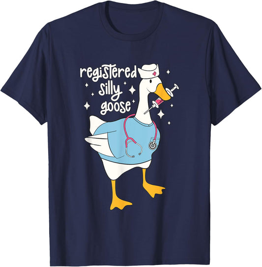 Funny Silly Animal Goose Lover Gifts - Registered Silly Goose Nurse - -Adults - Black - Small - Short Sleeve - Modern Cartoon T-Shirt - T-Shirt | Navy