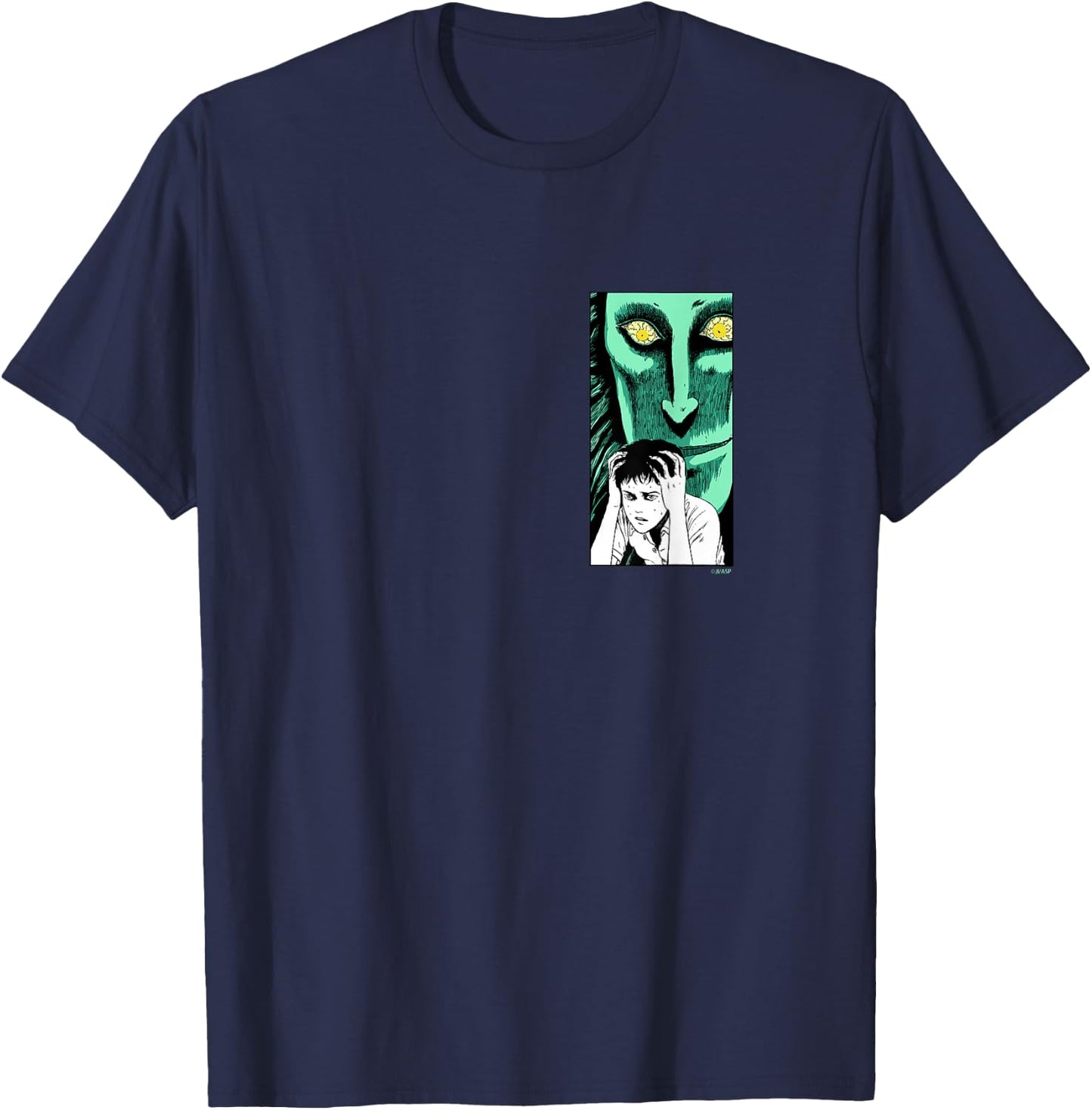 Junji Ito Men's Black Cotton Polyester Blend Short Sleeve Collarless Modern Classic Fit T-Shirt - T-Shirt | Navy