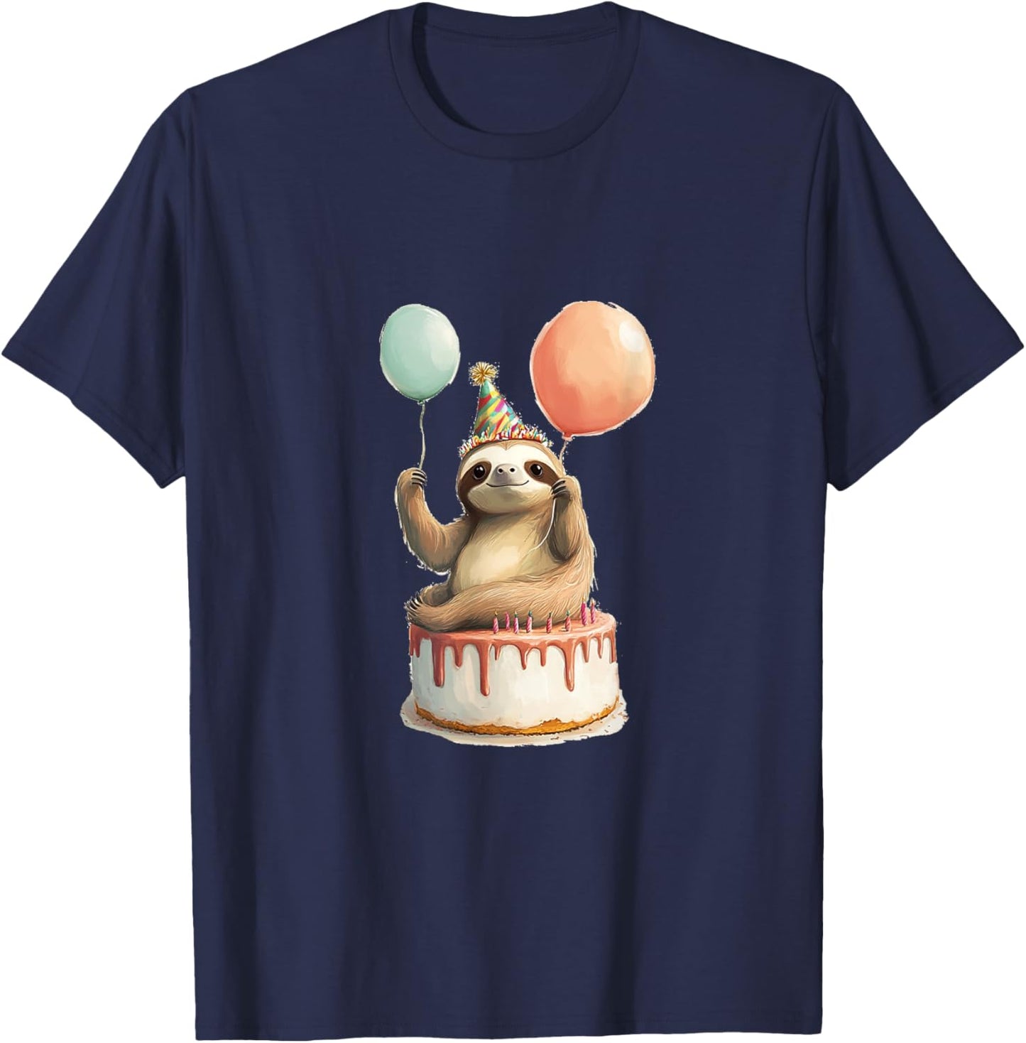 Sloth Happy Birthday Balloon Party Cake T-Shirt - T-Shirt | Navy