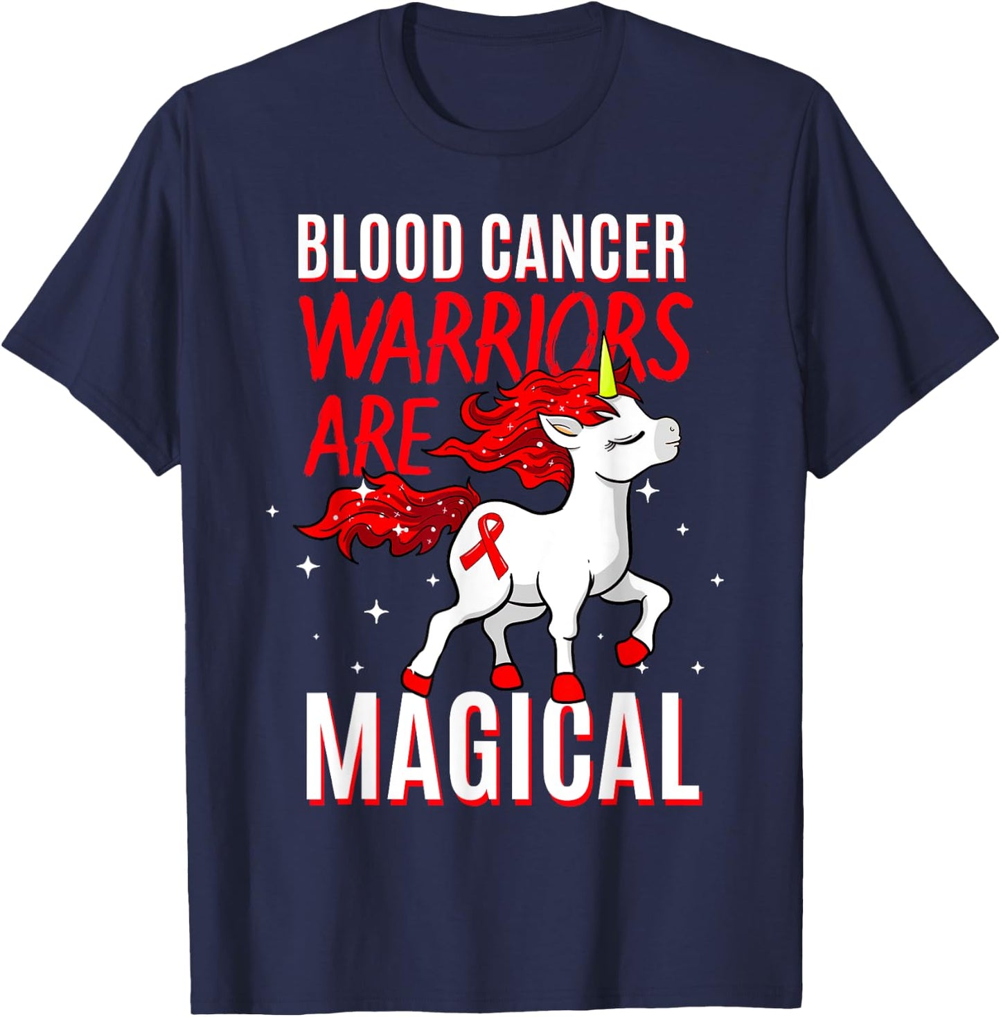 Blood Cancer Warrior Magical Unicorn Red Ribbon Liquid Tumor T-Shirt - T-Shirt | Navy