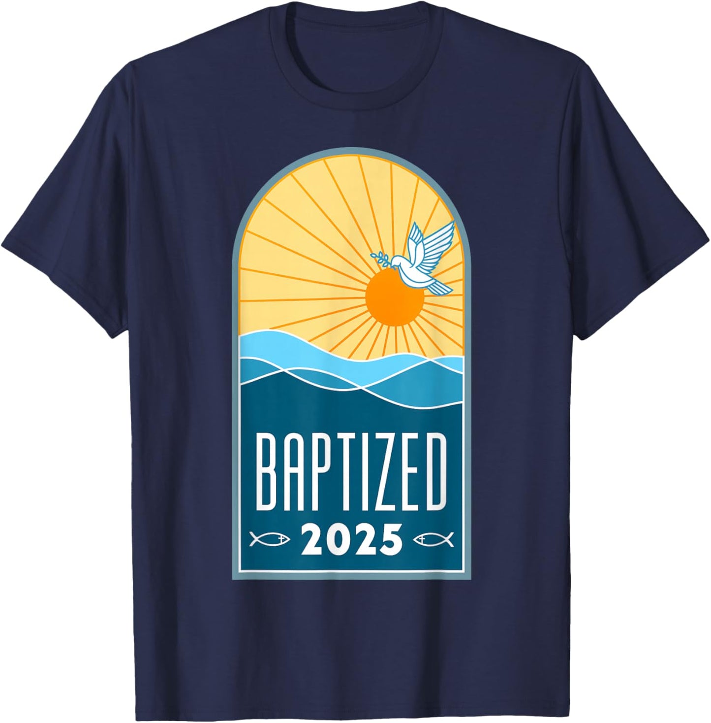 Christian Baptism Sunrise Line Art Baptized 2025 Religious T-Shirt - T-Shirt | Navy