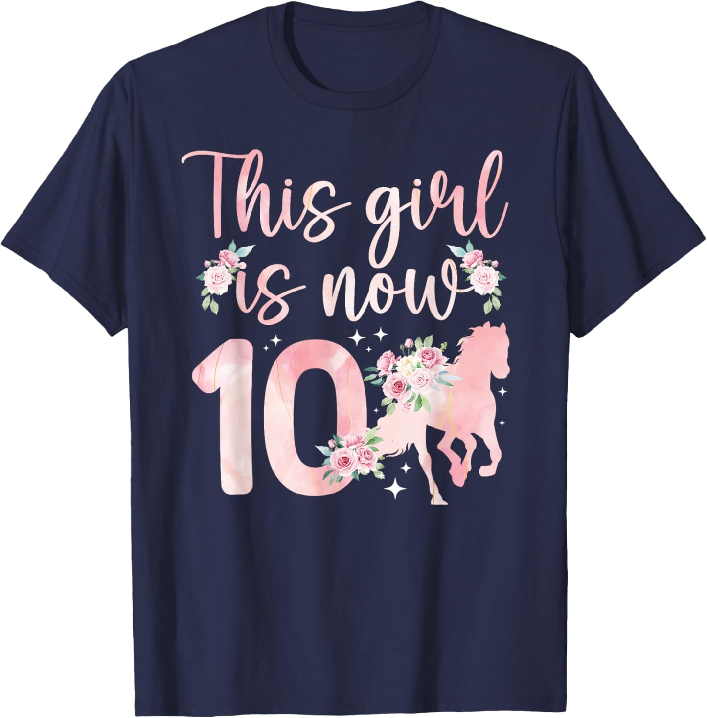10th Horse Birthday 10 Year Old Girl Horses Birthday T-Shirt - T-Shirt | Navy